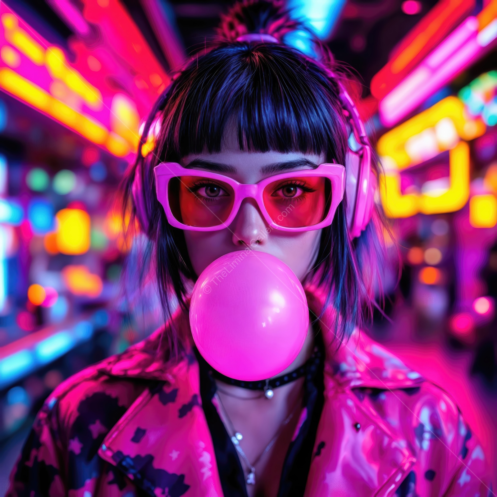 Vibrant nightlife scene featuring a person in neon colors enjoying bubble gum
