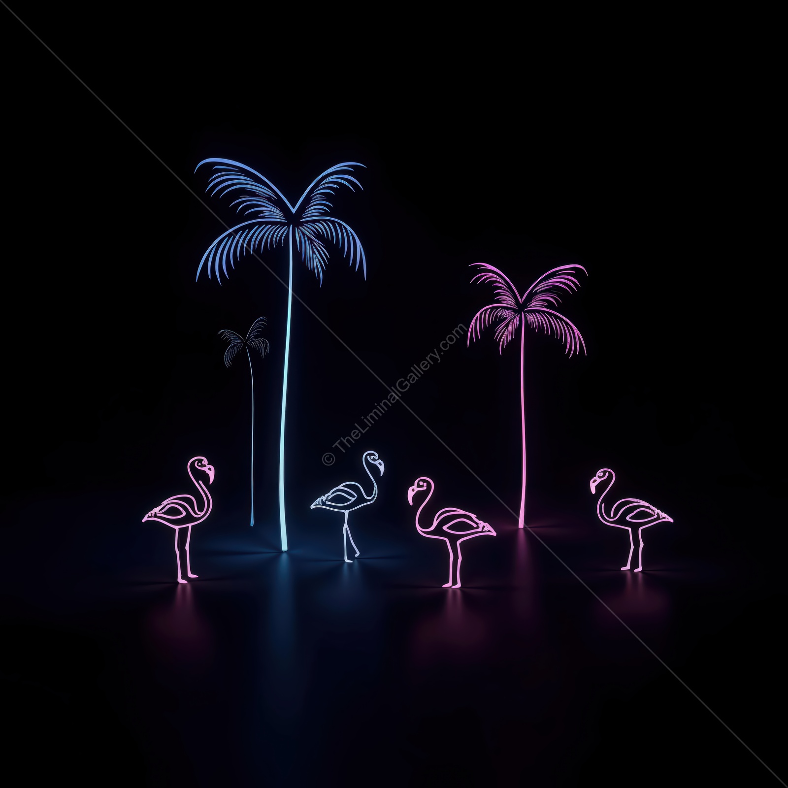 Neon palm trees and flamingos create a vibrant tropical scene at night