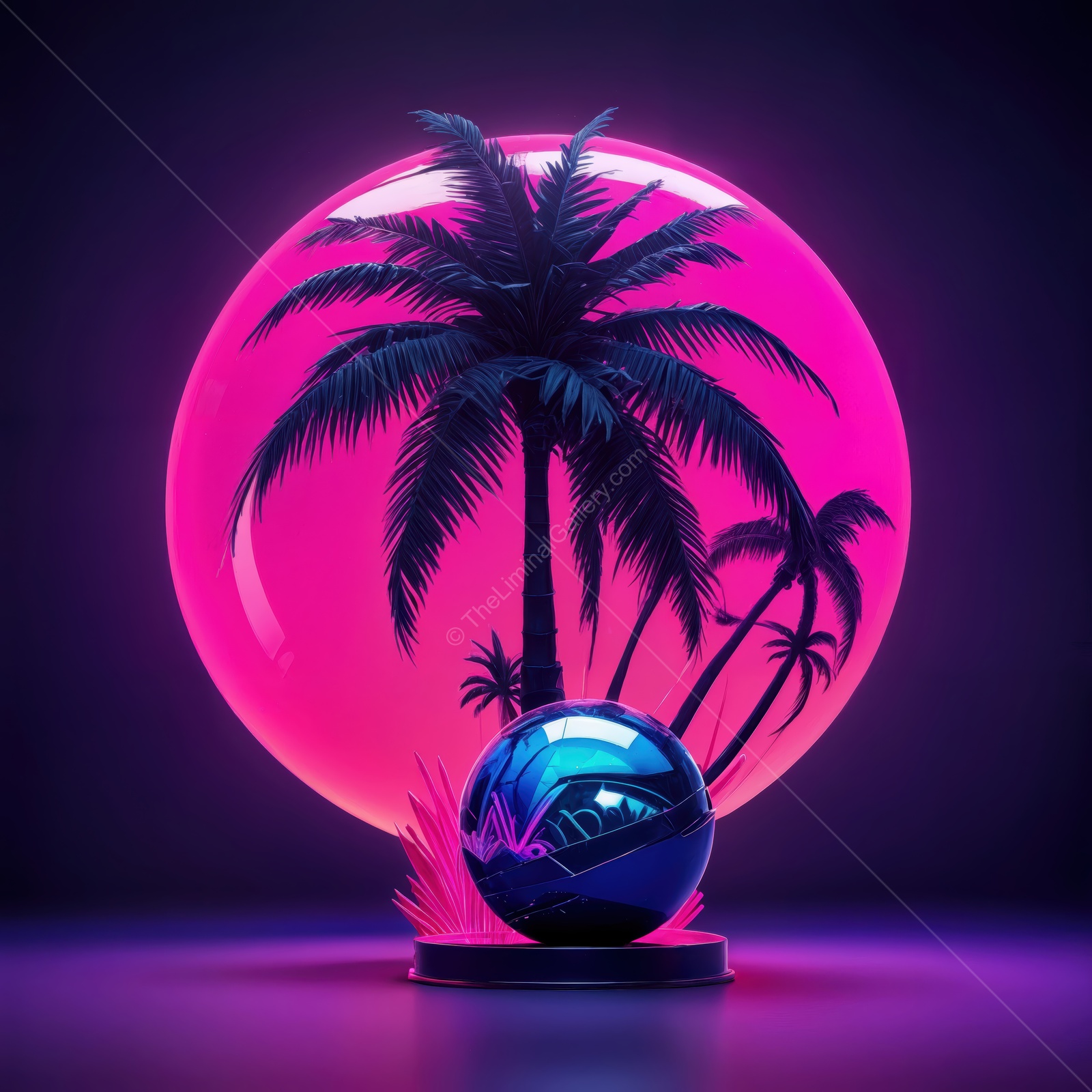 Vibrant neon landscape with palm trees and reflective sphere in an artistic glow