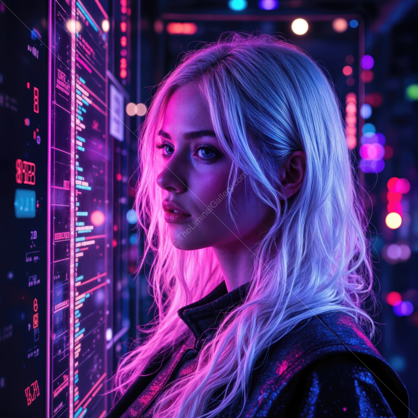 Gazing at digital landscapes in a vibrant cyber world filled with neon lights and futuristic interfaces