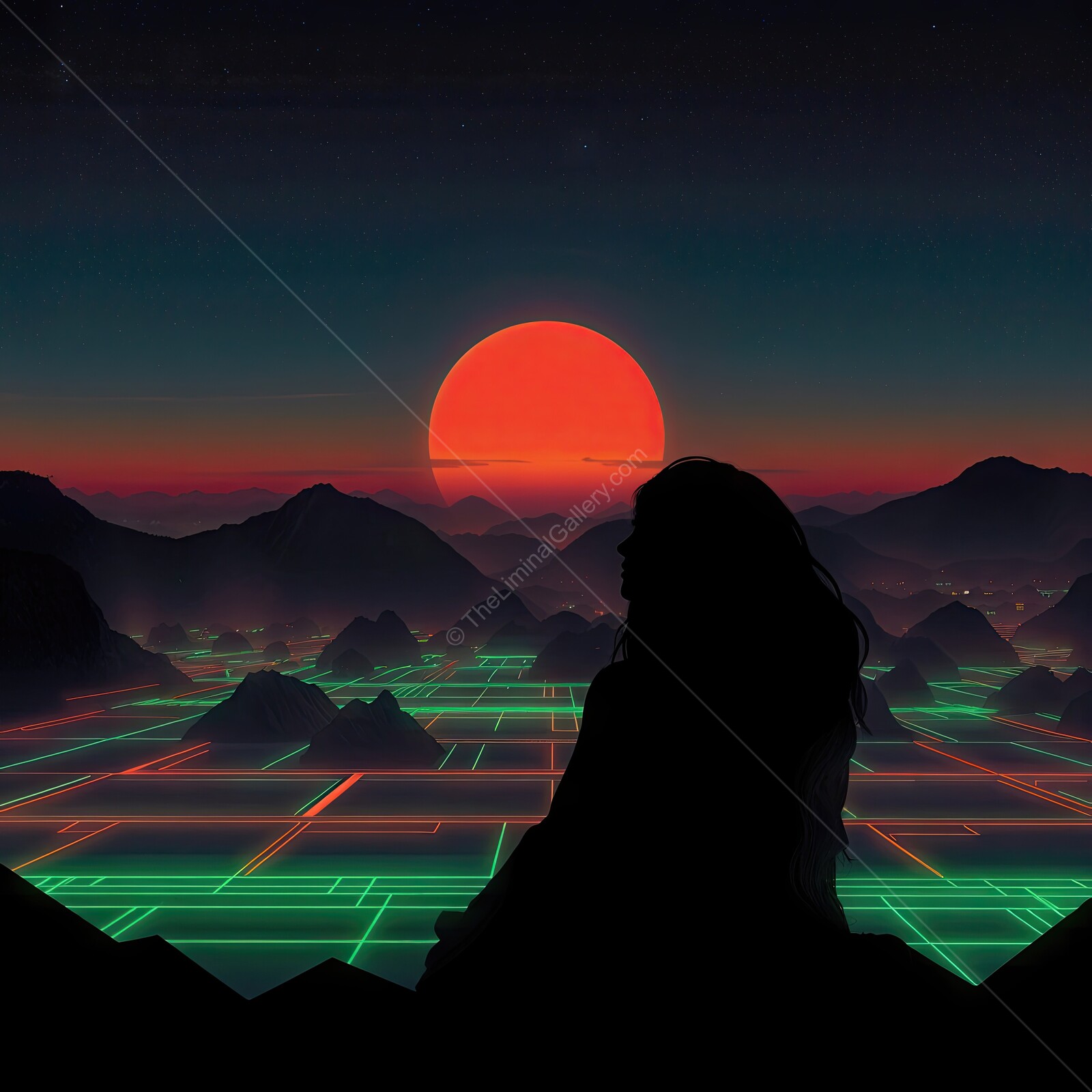 Breathtaking sunset view from mountain peak with neon lights in valley