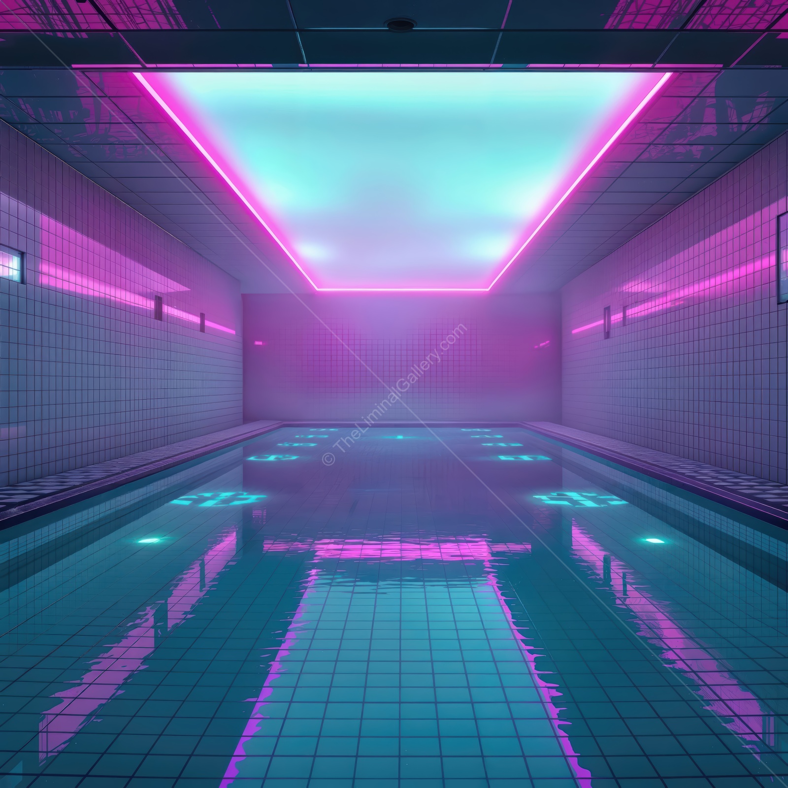 Vibrant neon reflections in a serene indoor swimming pool at twilight