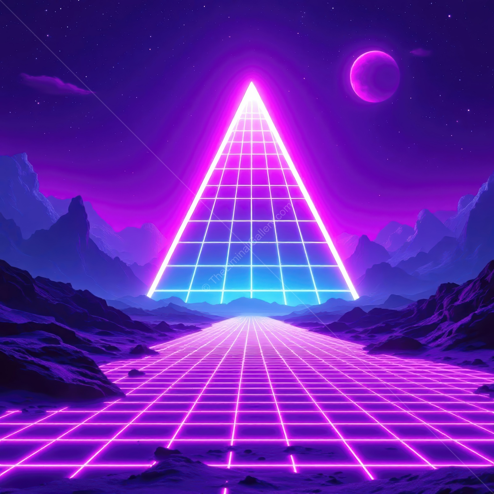 Vibrant neon landscape with a pyramid and cosmic elements under a starry sky at dusk