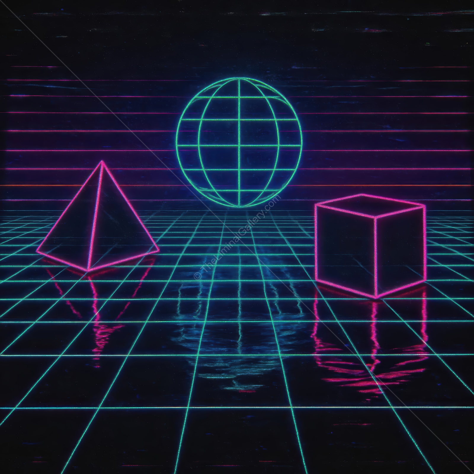 Futuristic neon landscape featuring geometric shapes and a glowing grid