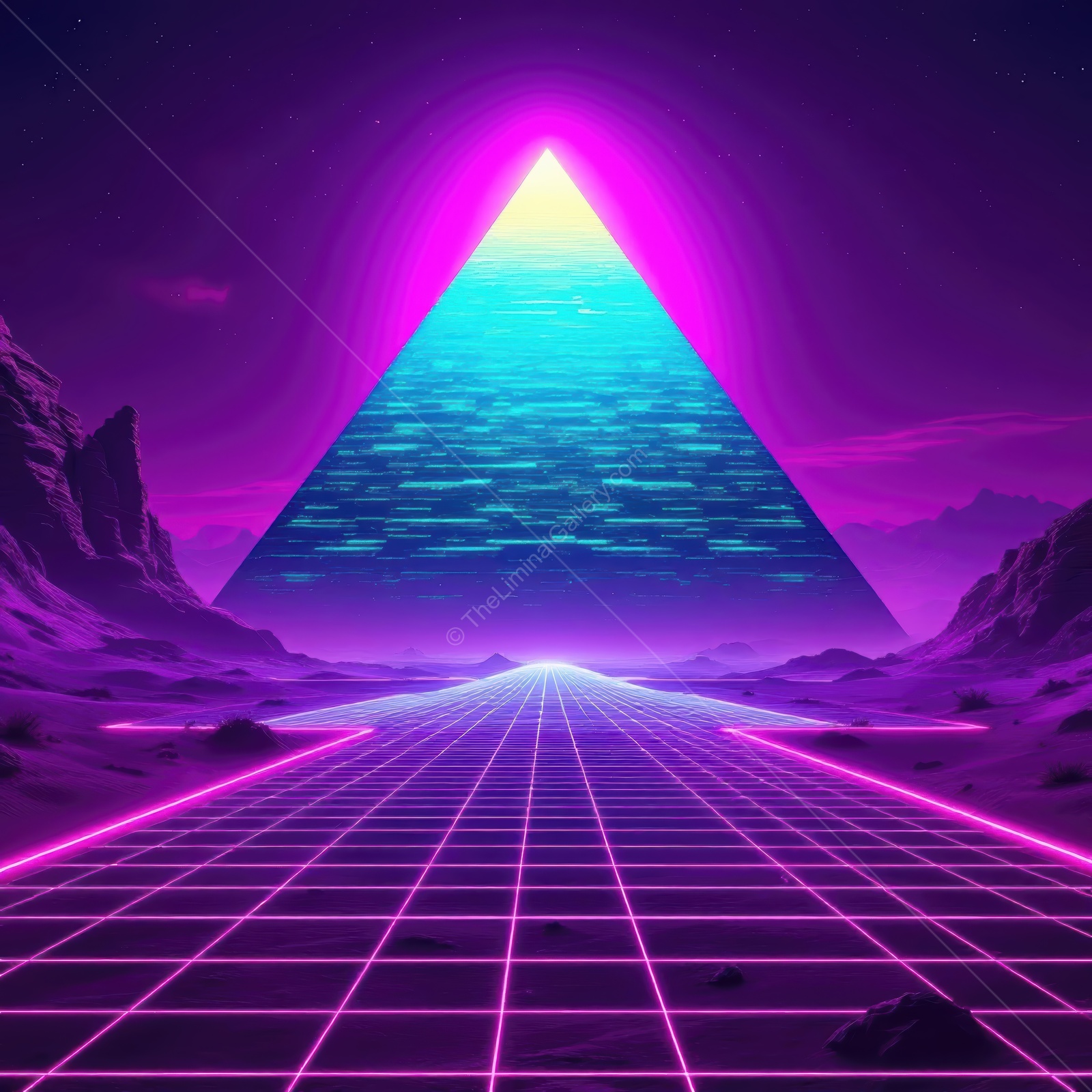 Vibrant neon pyramid rises above a futuristic landscape at twilight