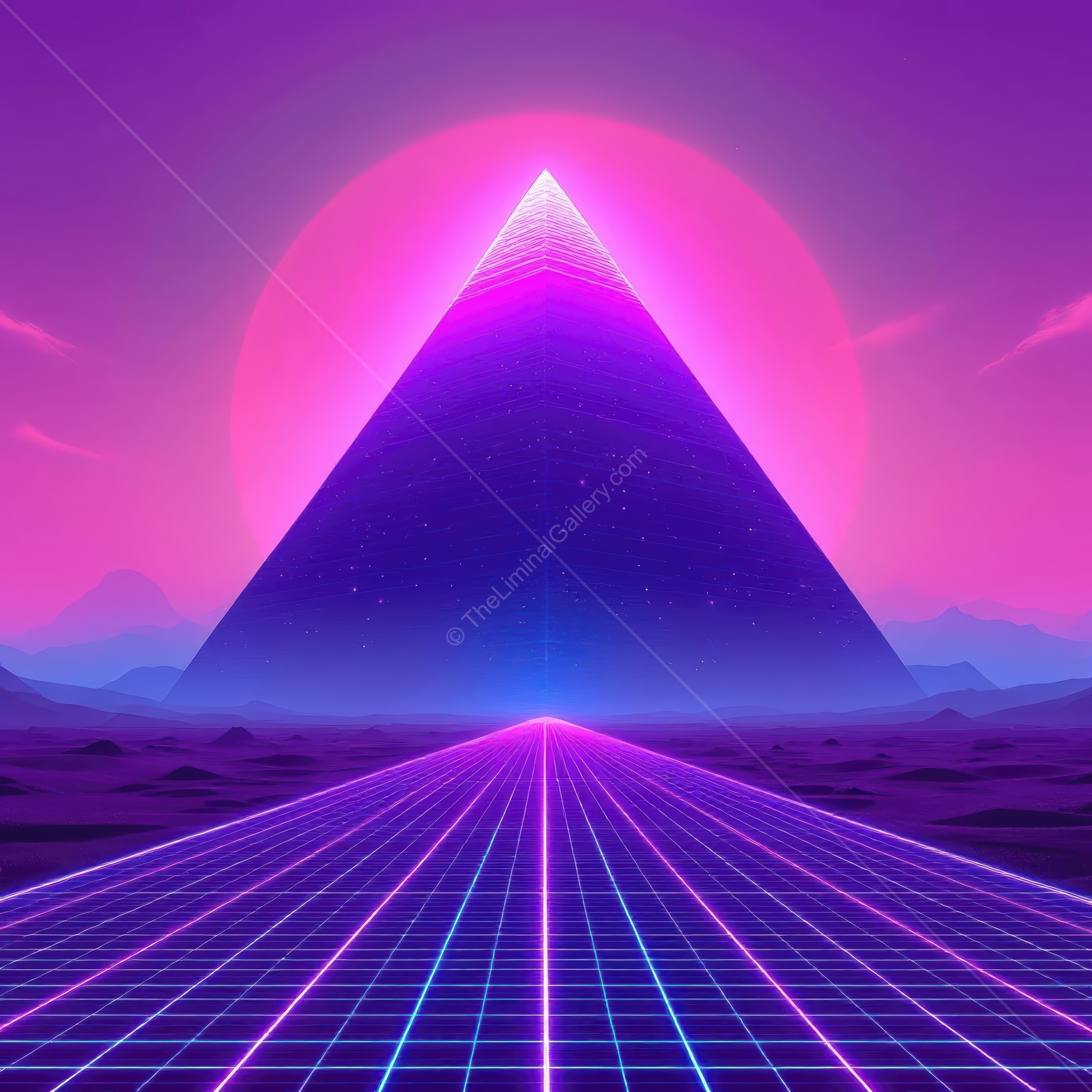 Vibrant neon pyramid landscape glowing under a purple sun at dusk