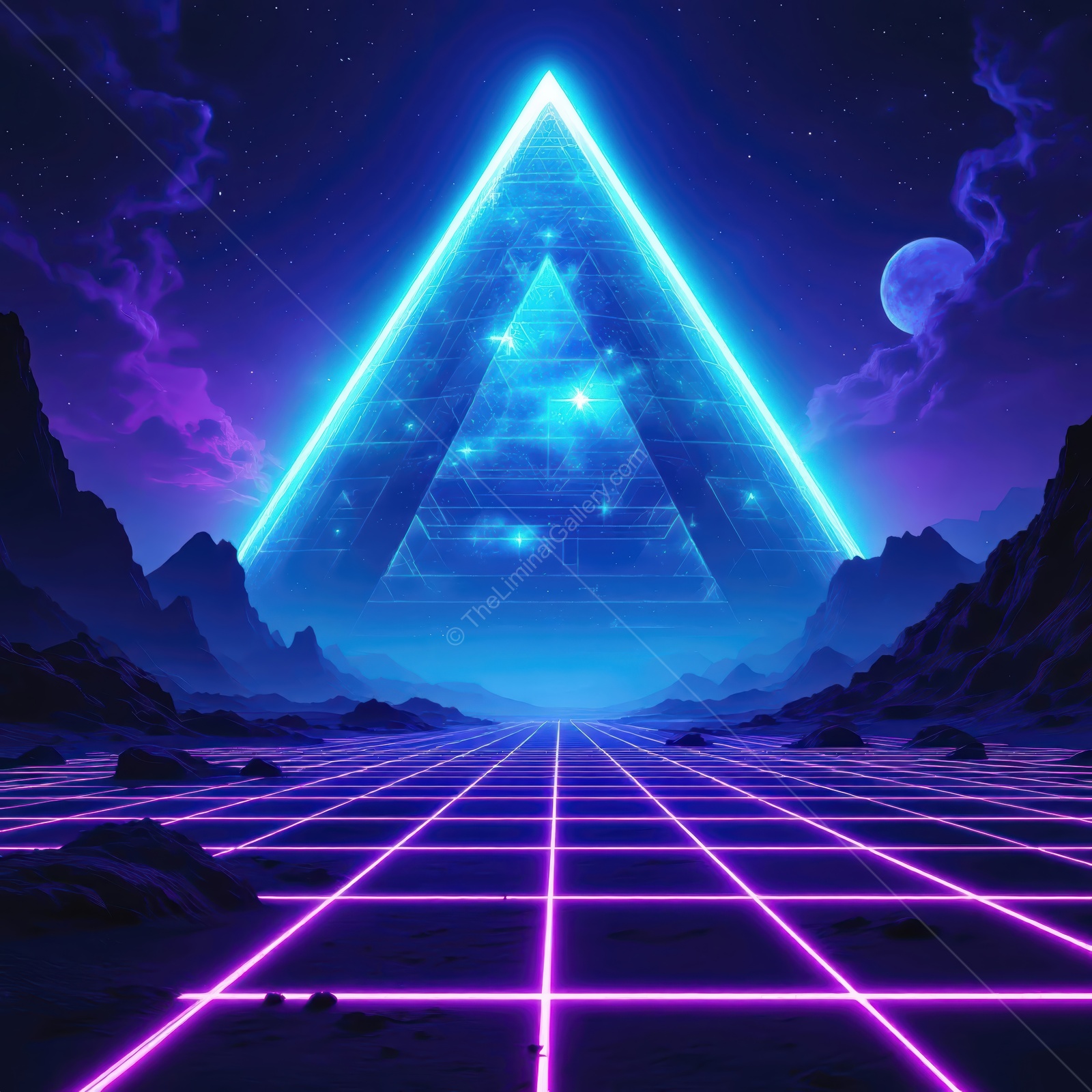 Mystical neon pyramid under a starry sky with glowing landscape at twilight