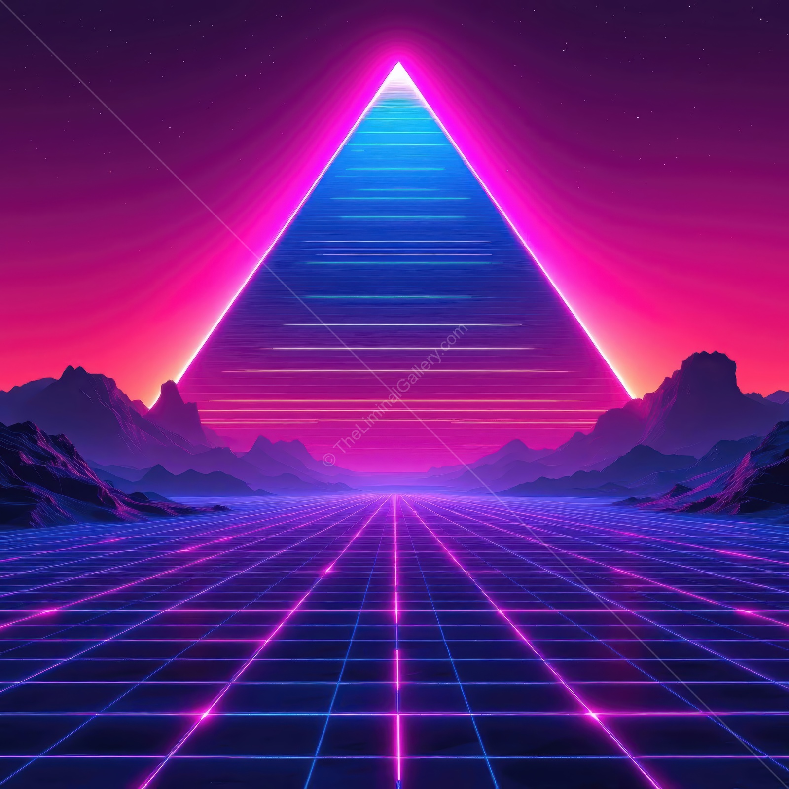 Vibrant neon pyramid amidst a surreal landscape at twilight, glowing lines illuminate the horizon in a dreamlike scene