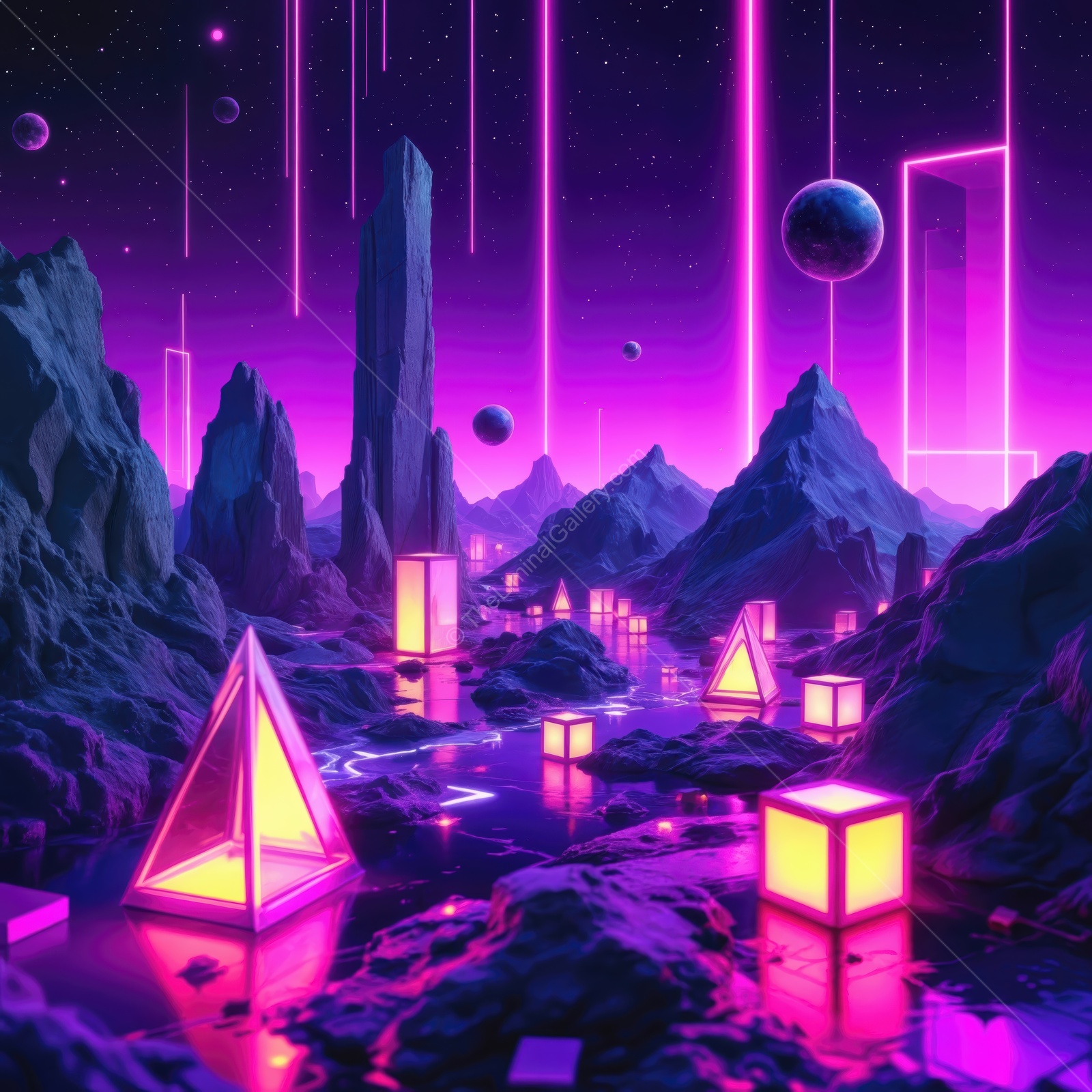 Vibrant neon landscape with geometric shapes and mystical mountains at night