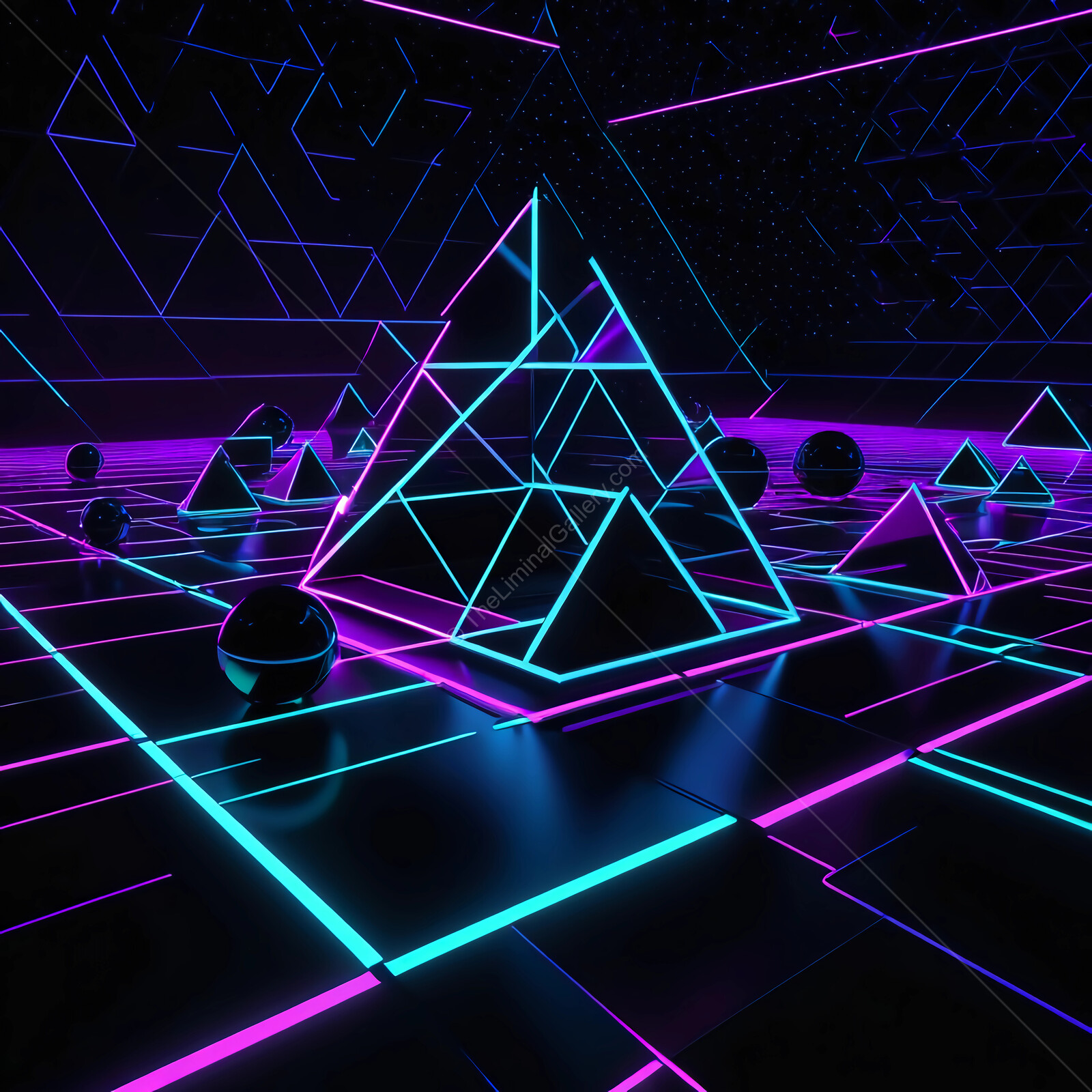 Vibrant neon pyramids and spheres illuminate a futuristic digital landscape filled with geometric patterns