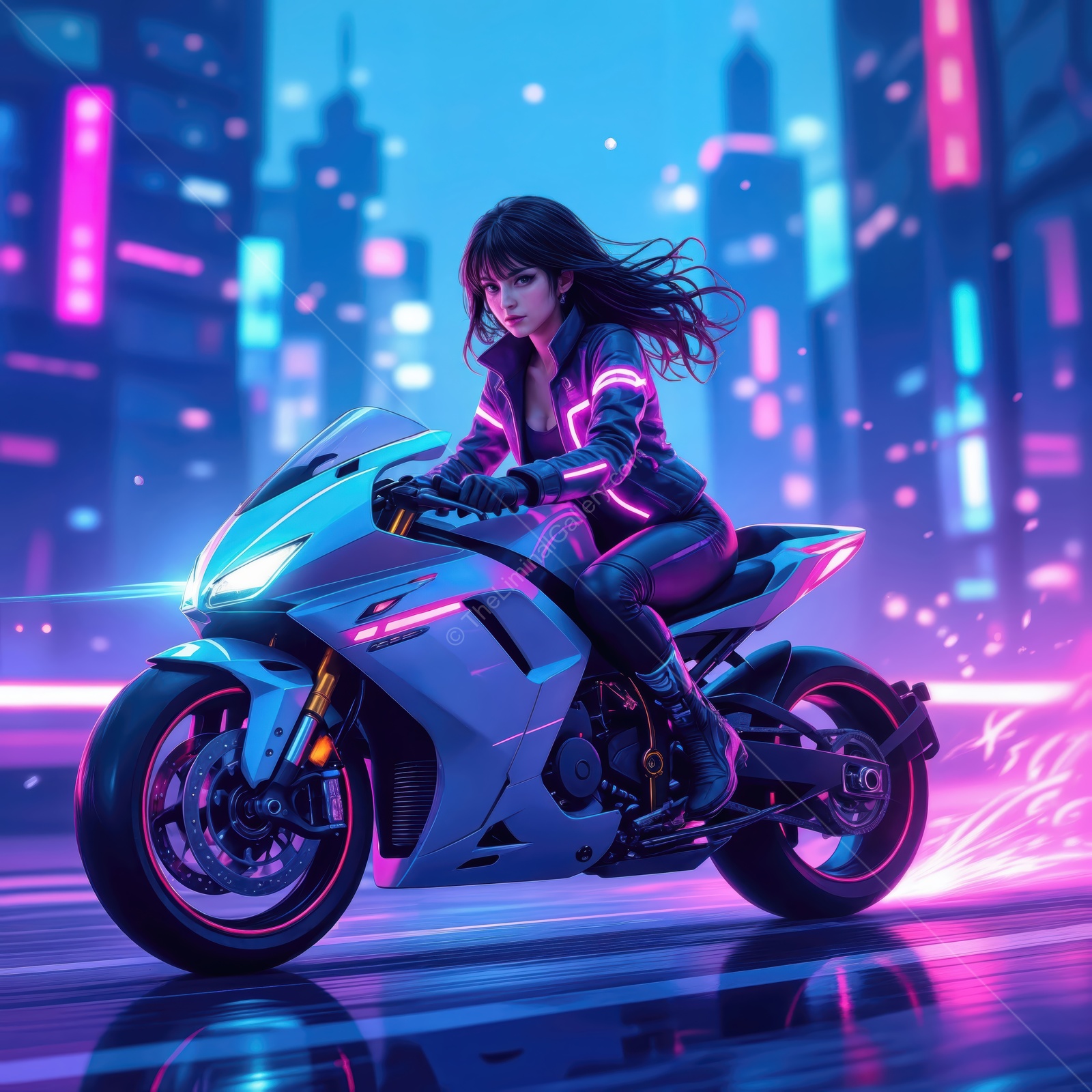 Rider in neon city lights speeds through a futuristic urban landscape at dusk