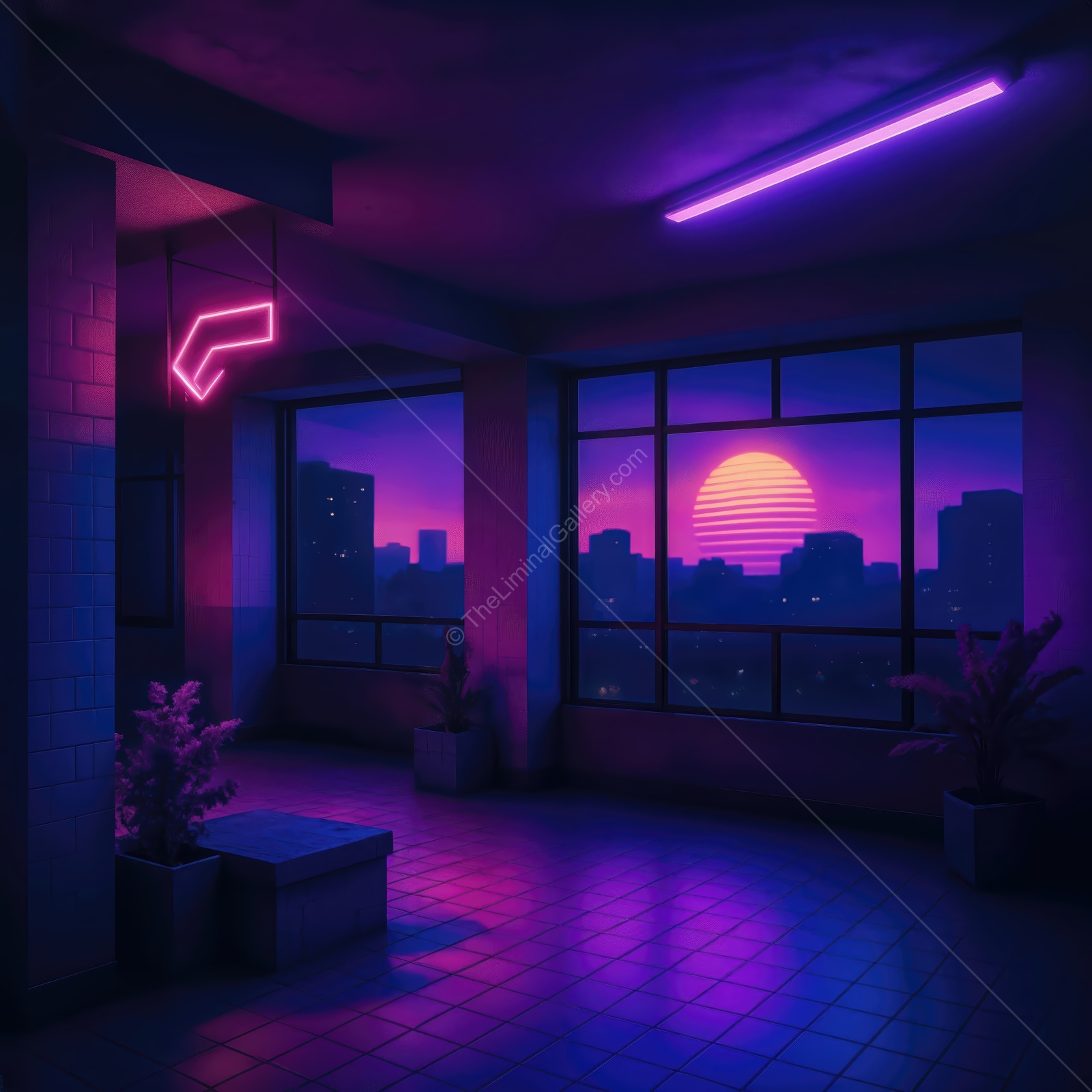 Vibrant sunset viewed from a neon-lit room with a modern urban backdrop