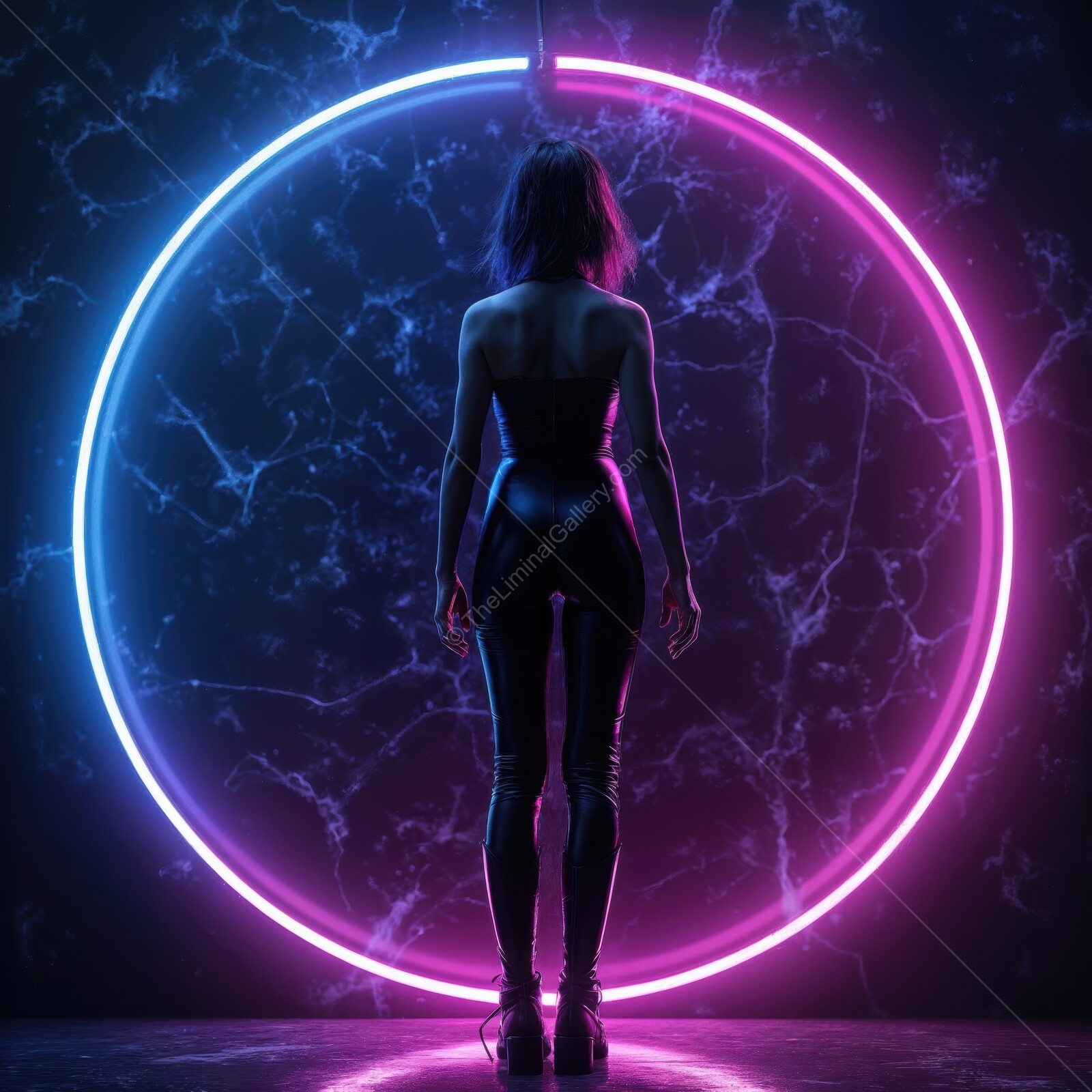 Captivating silhouette in neon-lit ambiance with vibrant colors and futuristic vibes