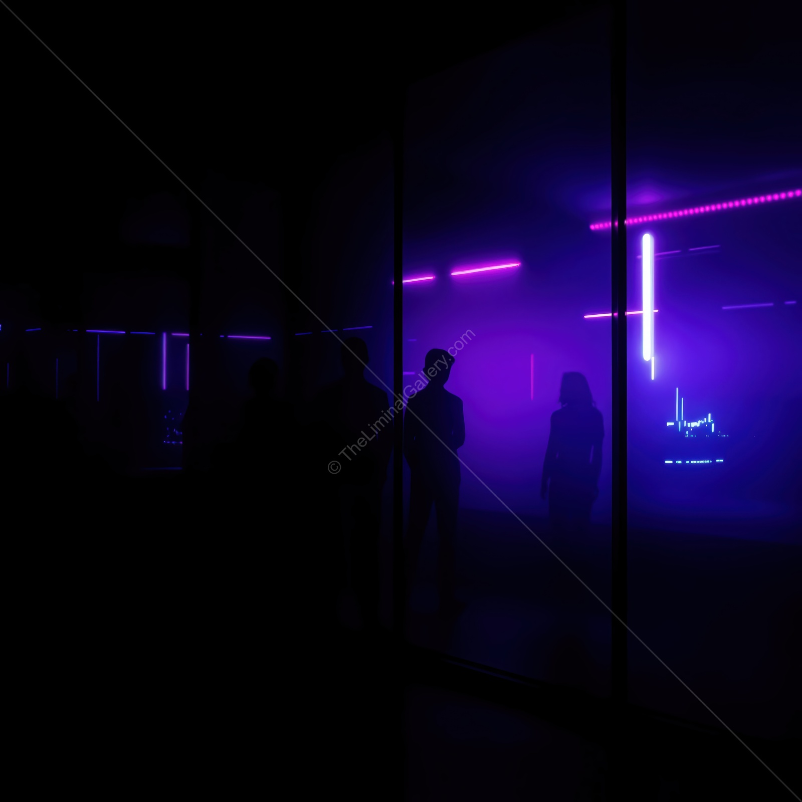 Neon silhouettes in a foggy space create a mysterious atmosphere during an evening gathering
