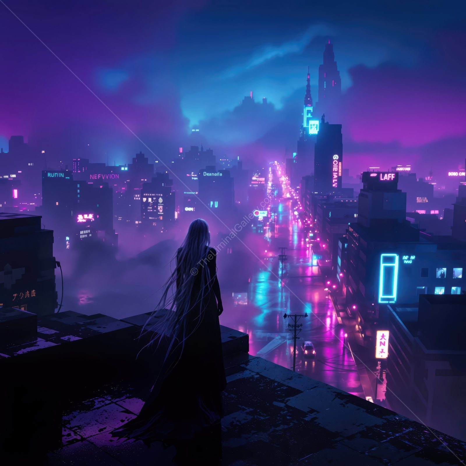 Neon skyline view captures the mysterious essence of a futuristic city at night with glowing lights and a lone figure