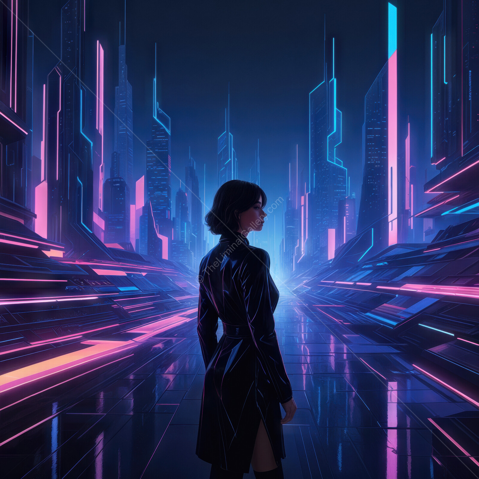 Futuristic urban exploration amidst neon-lit skyscrapers at night