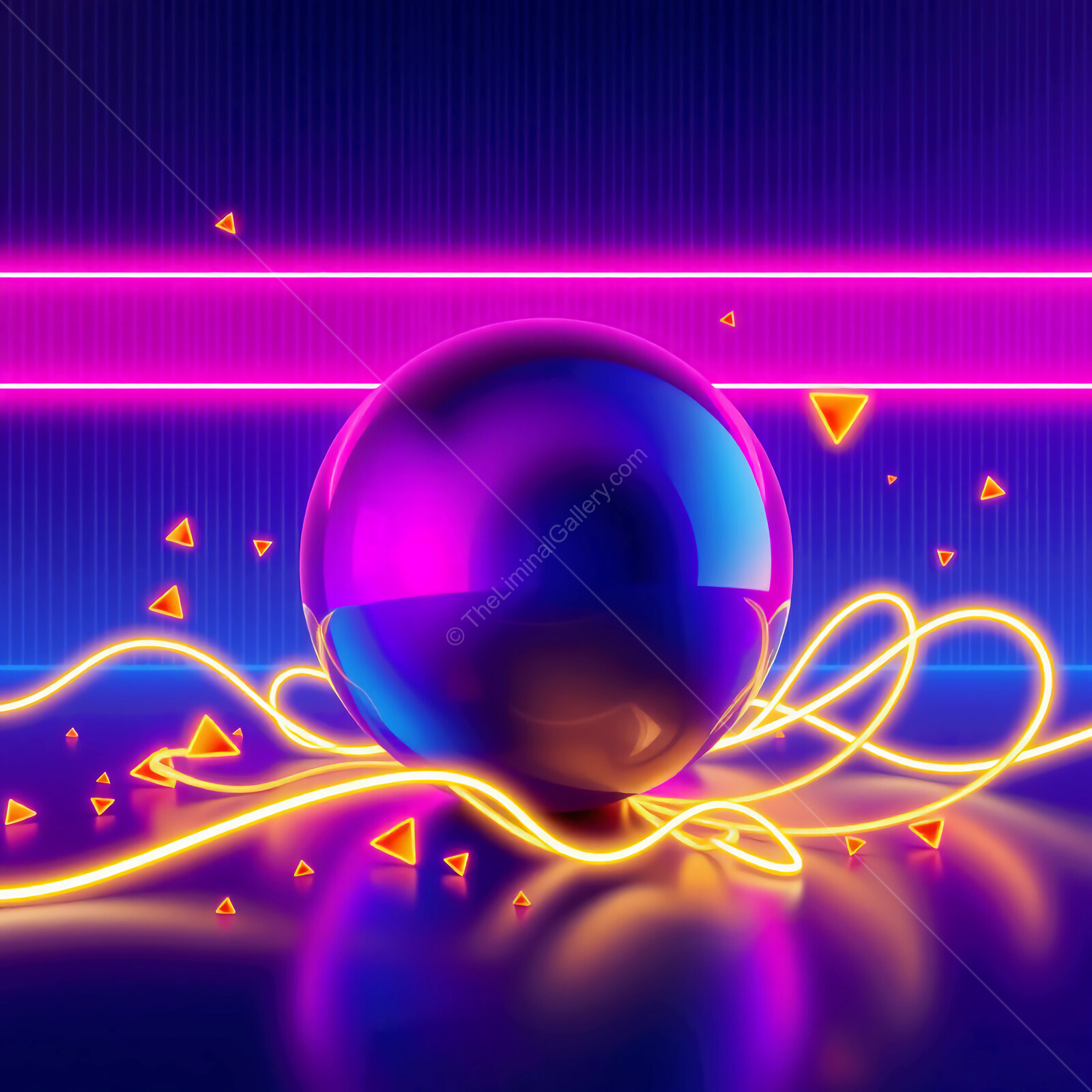 Vivid neon lights illuminate a reflective 80s pinball in a surreal digital landscape at night
