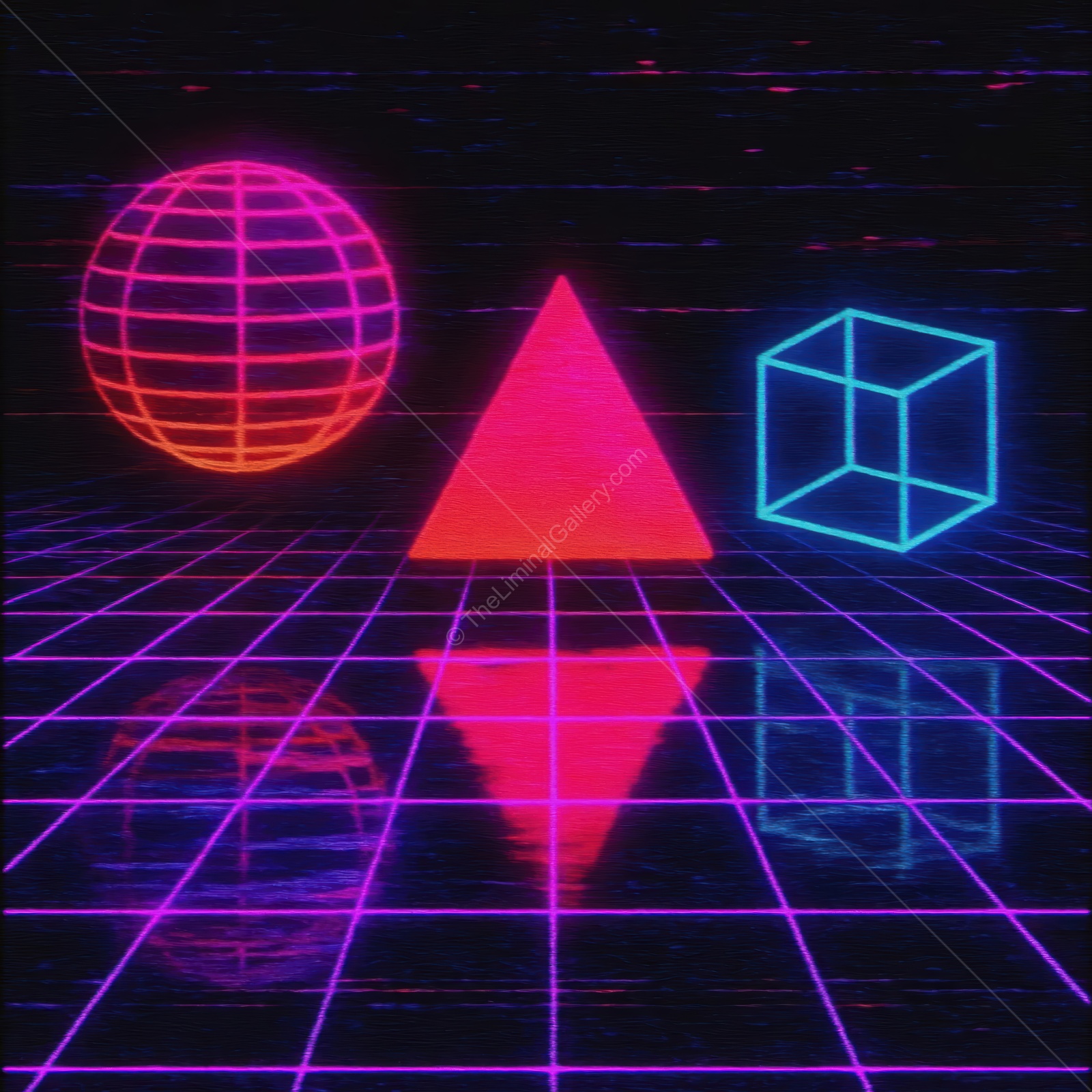 Geometric shapes in neon colors create a mesmerizing 80s-inspired digital landscape at night