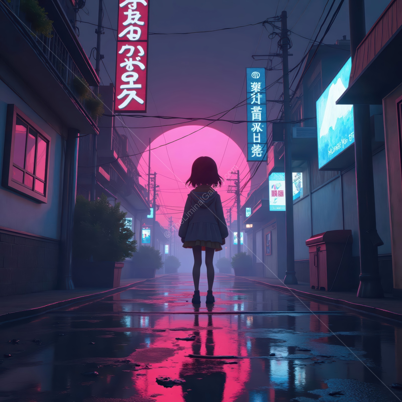 Dimly lit street scene at dusk with glowing neon signs reflecting on wet pavement