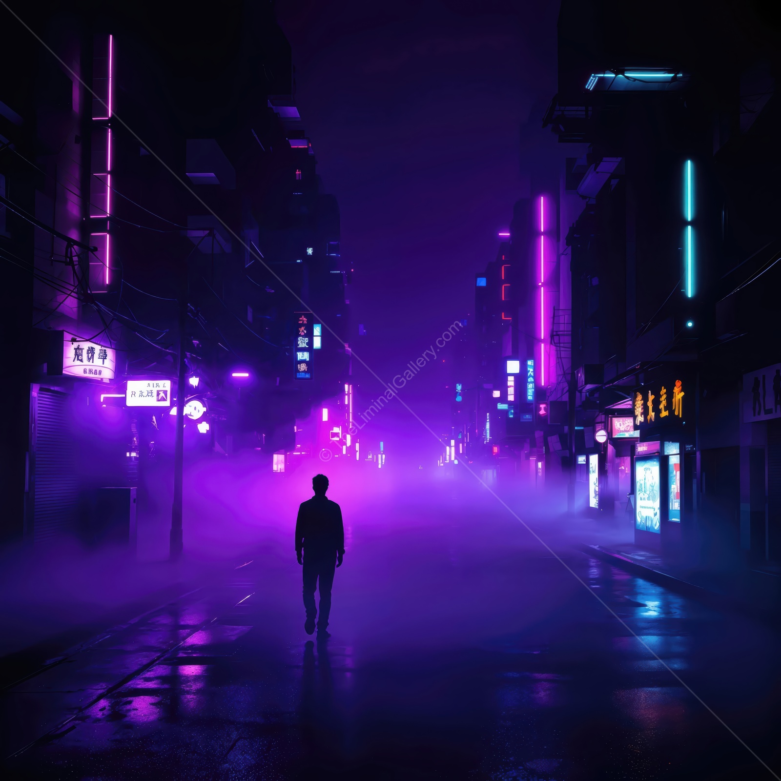 Vibrant neon lights illuminate a foggy street as a lone figure walks through the urban night