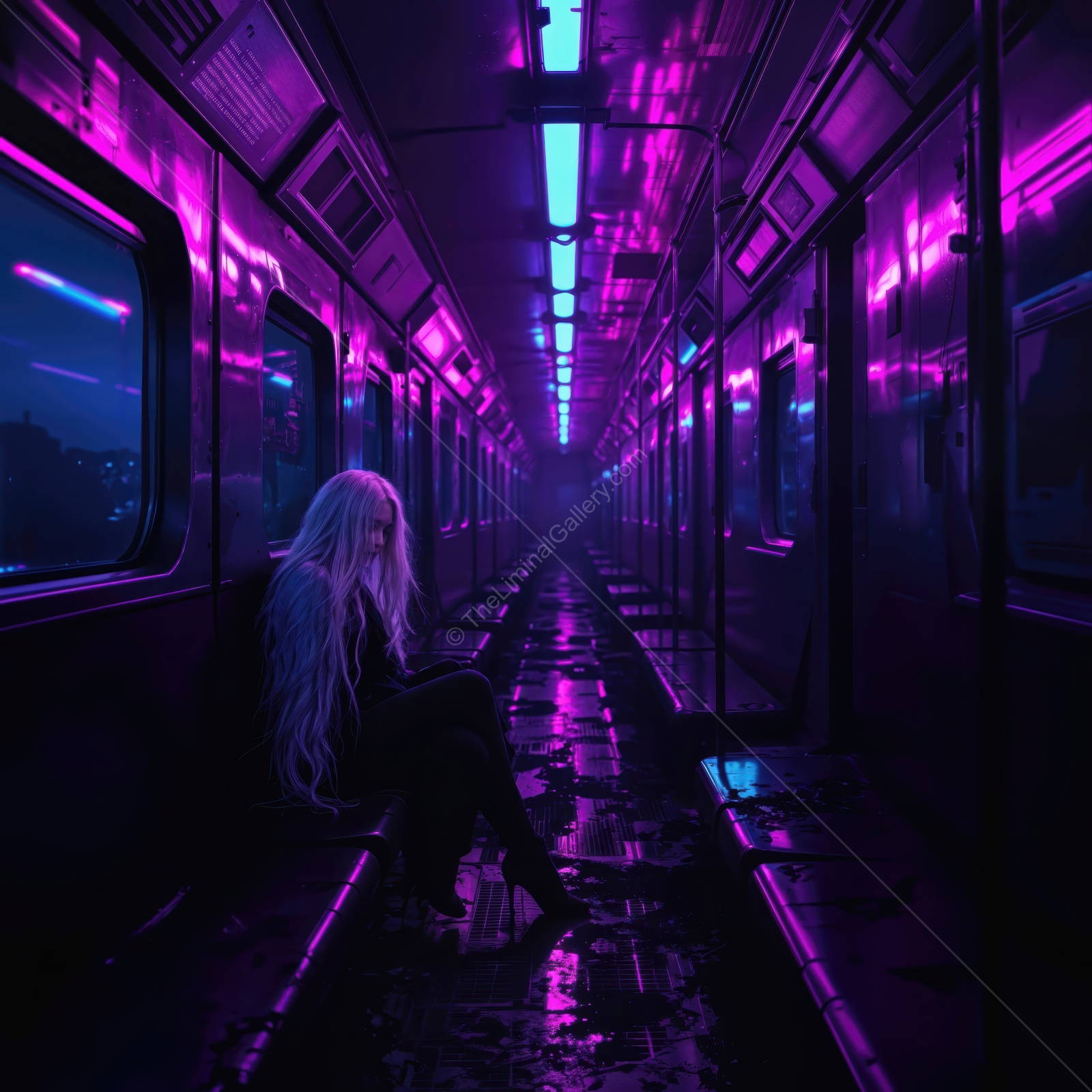 A lonely figure sitting in a neon-lit subway, evoking a sense of mystery and solitude in the urban night
