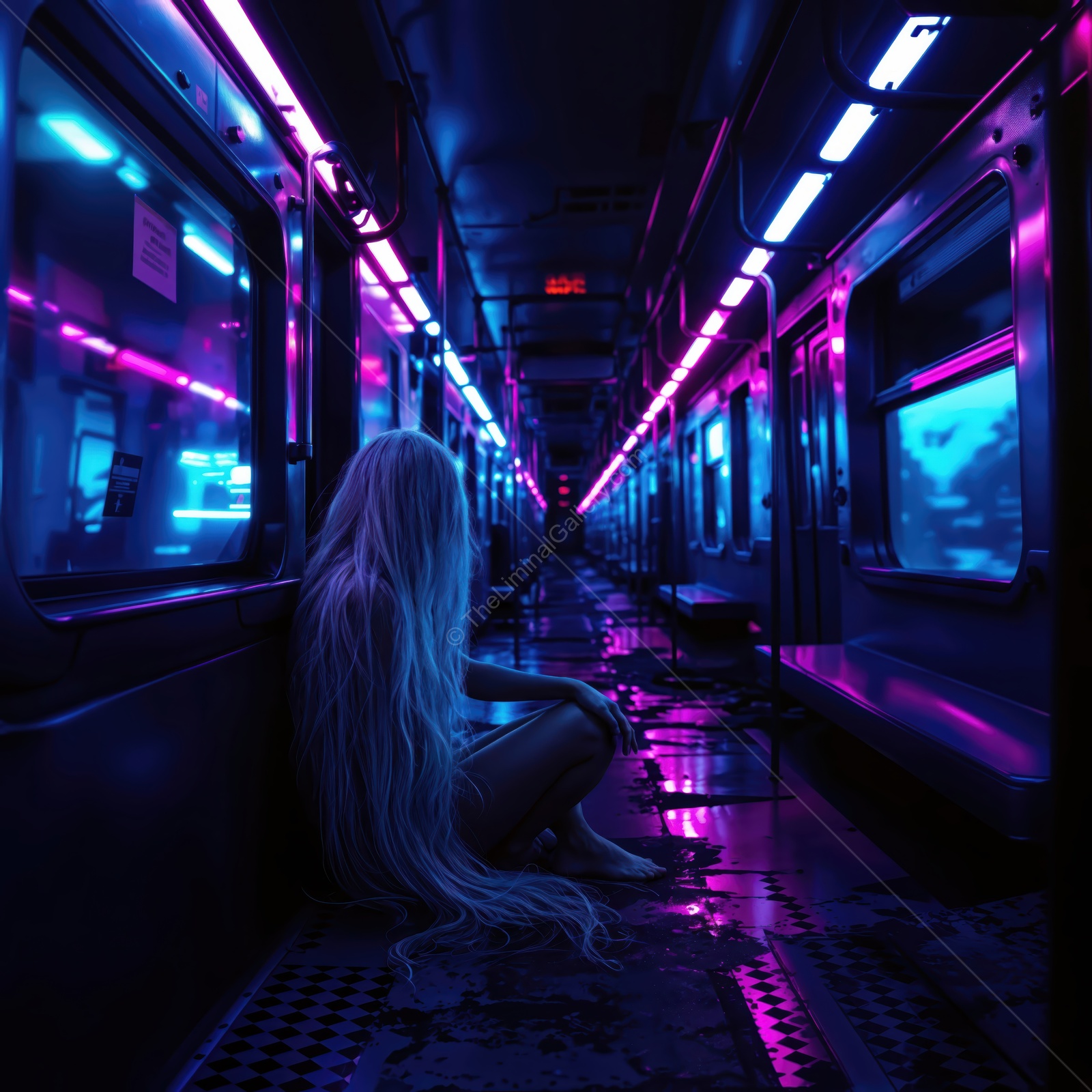 Lonely moments in a neon-lit subway tunnel at midnight with glowing reflections and shadows