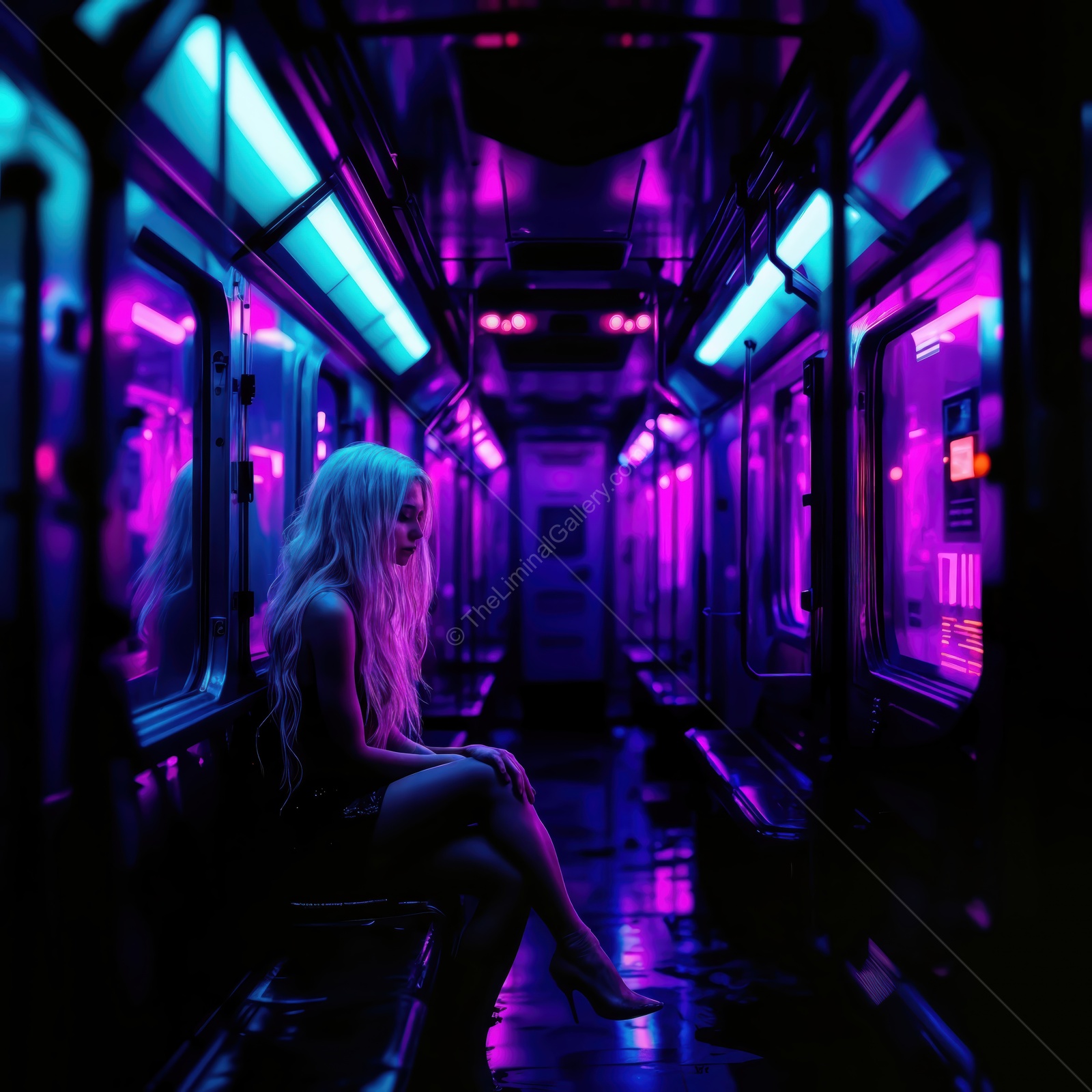 Silent solitude in a neon-lit subway during the quiet hours of the night