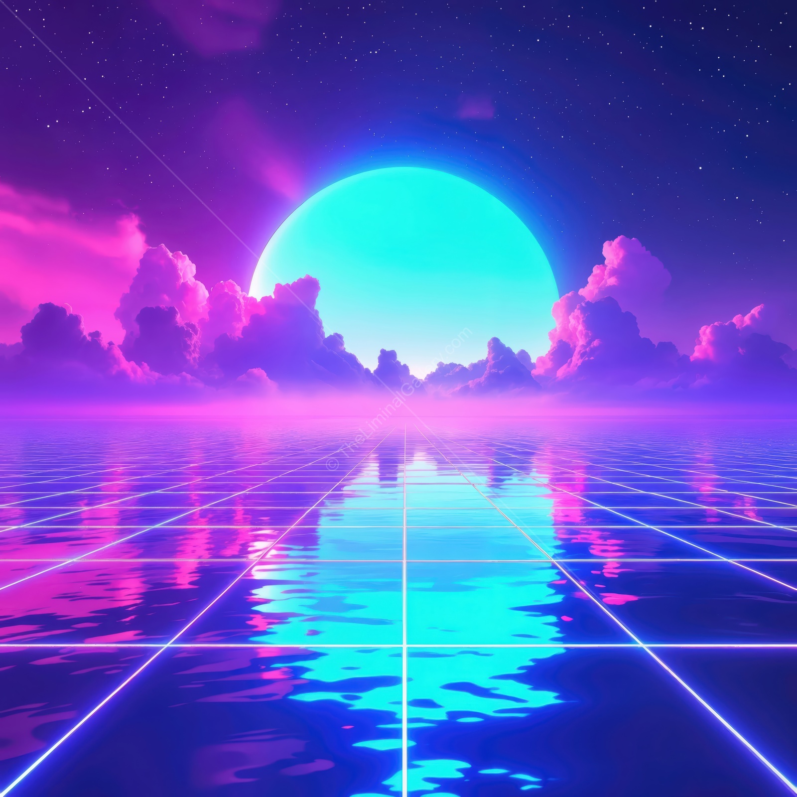 Vibrant neon sunrise over tranquil water with cloud reflections in a futuristic landscape