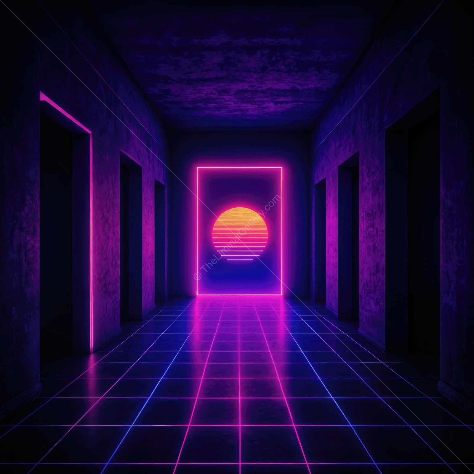 Vibrant neon sunset in a dark corridor with glowing walls and reflections