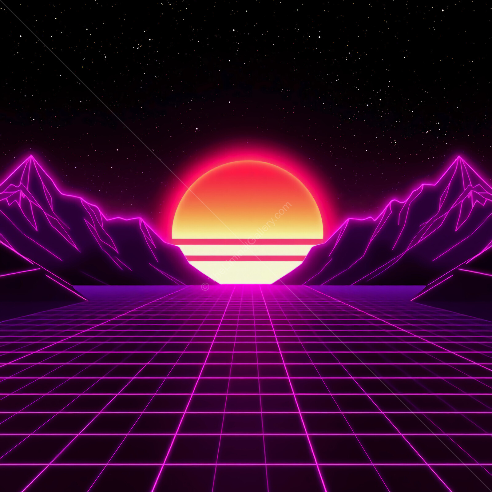 Vibrant neon synthwave sunset over a digital landscape with mountain silhouettes and grid patterns