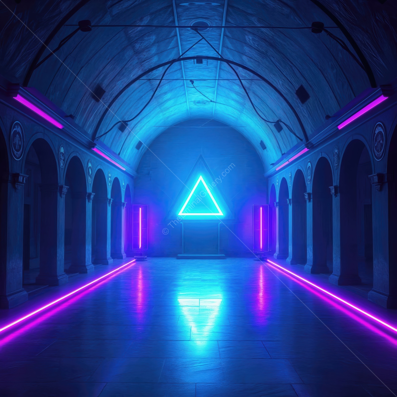 Vibrant neon triangle illuminates an ancient hall with modern vibes during a night exhibition