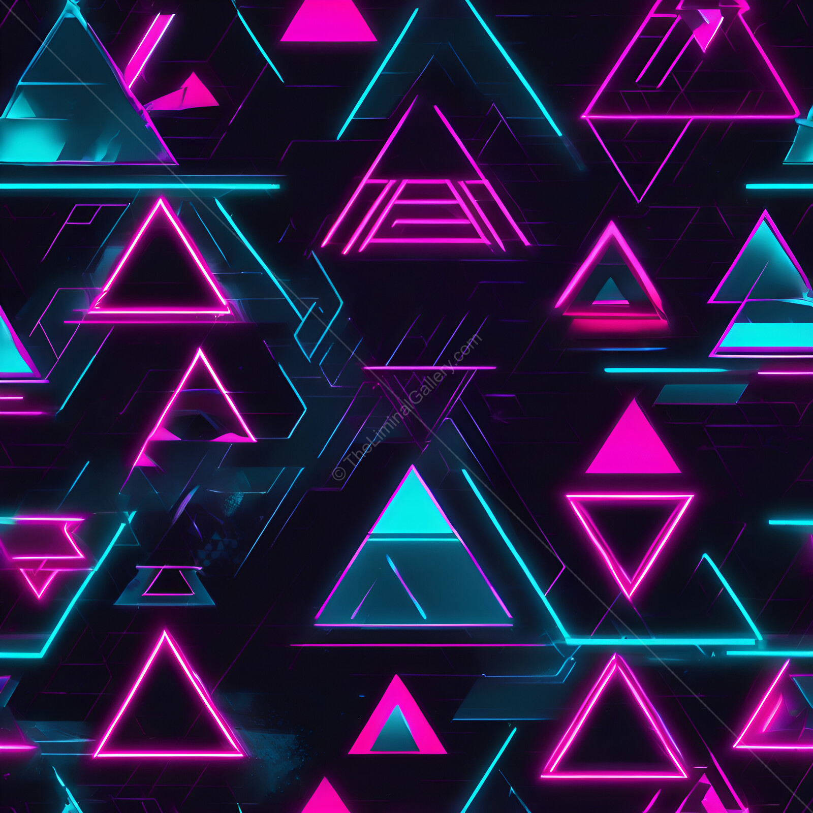 Geometric shapes illuminated in vibrant neon colors create a mesmerizing digital tapestry
