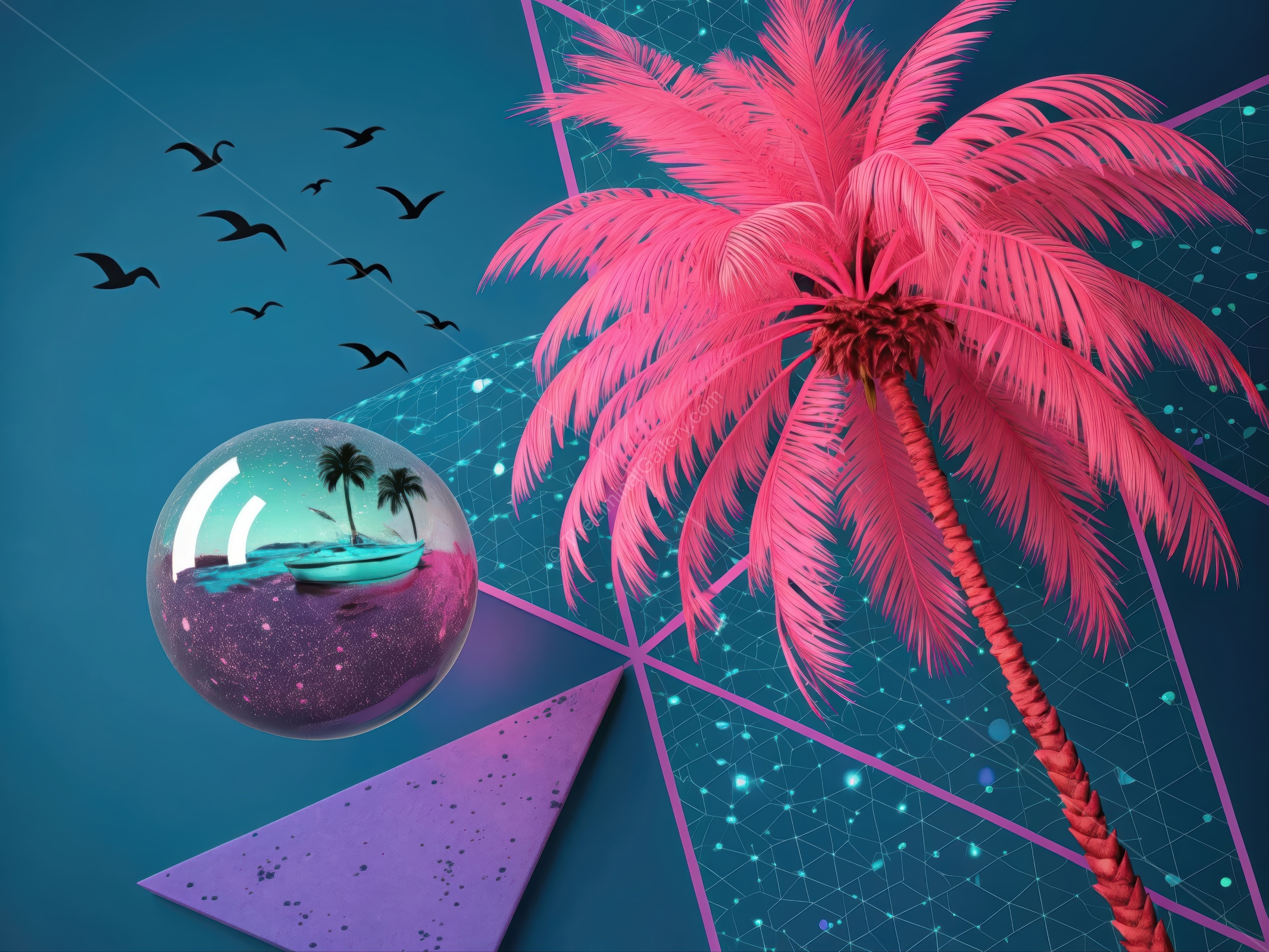 Vibrant tropical scene with pink palm trees and a dreamy sphere against a geometric background