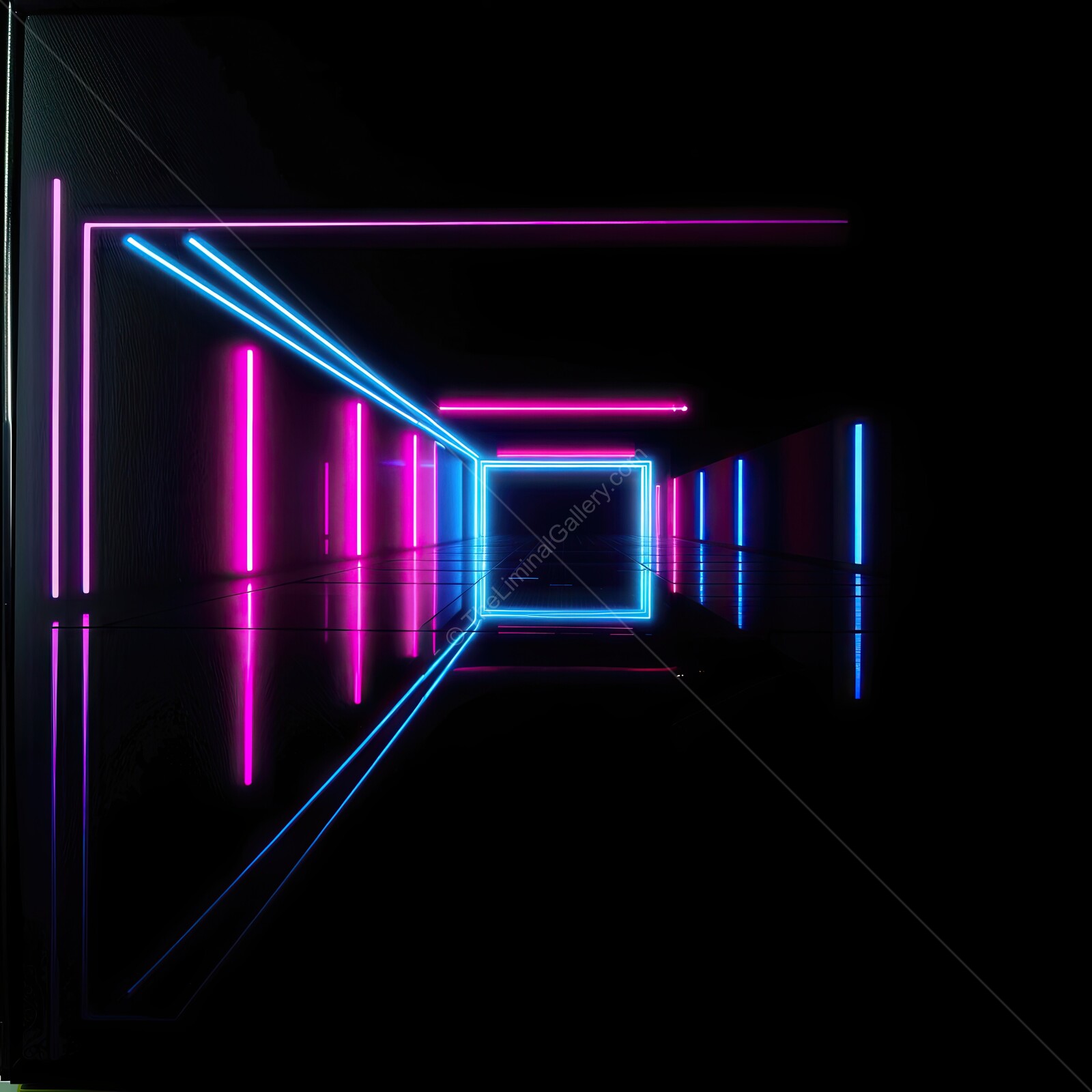 Neon lights create a mesmerizing tunnel of color in a dark, modern environment