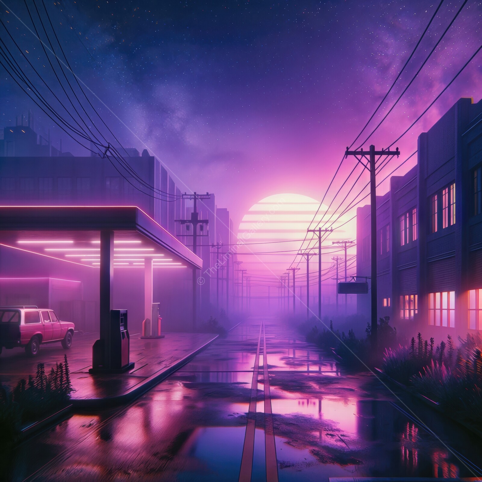 Mystical urban twilight with neon hues and a vibrant sunset