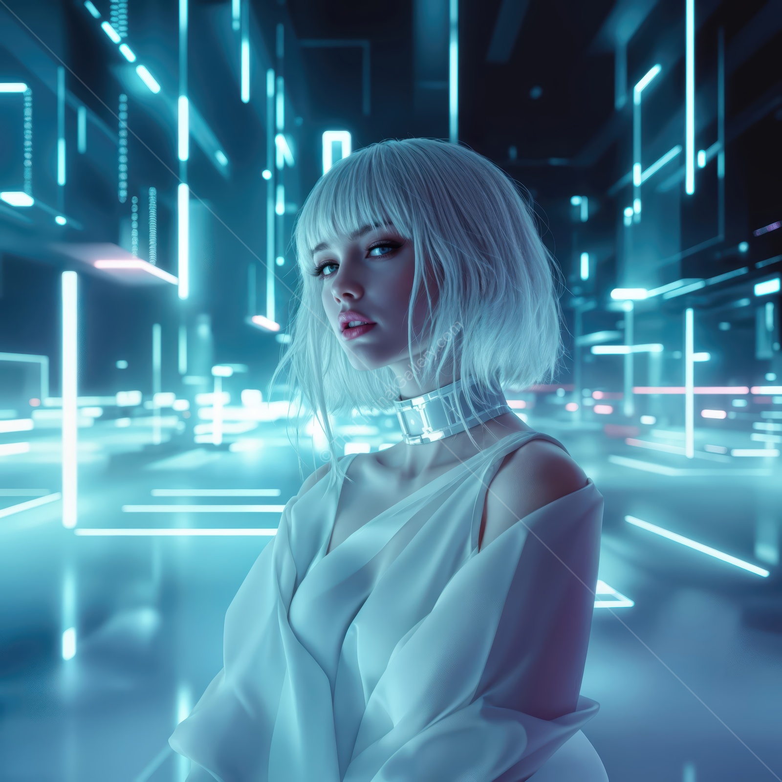 Striking beauty amidst glowing neon lights in a futuristic urban landscape