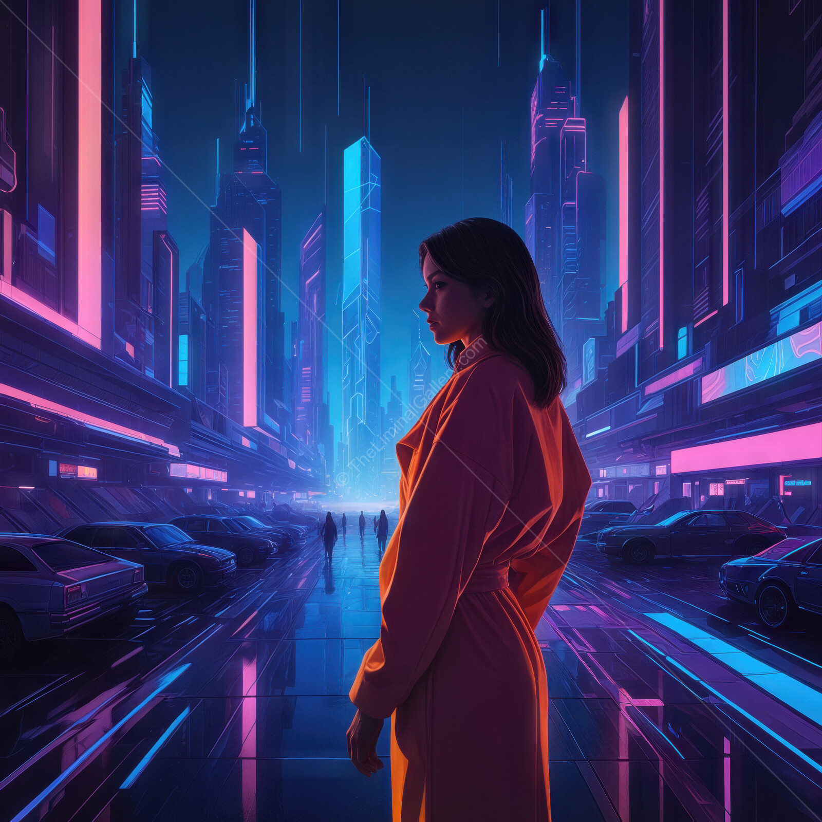 Futuristic cityscape at night with silhouetted figure in vibrant neon colors