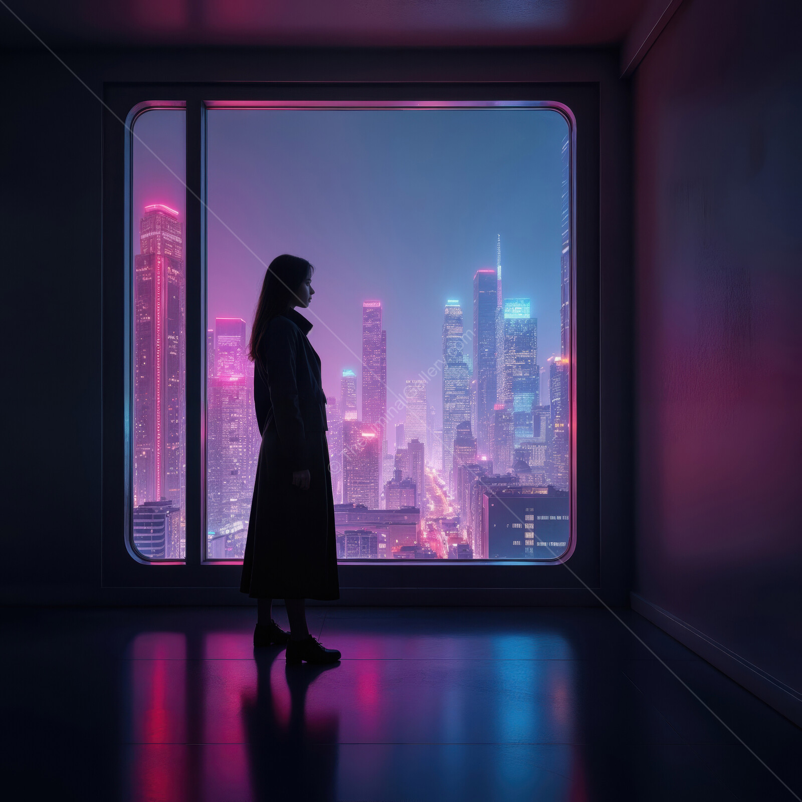 City skyline at night with neon lights and a silhouette of a woman in a modern interior