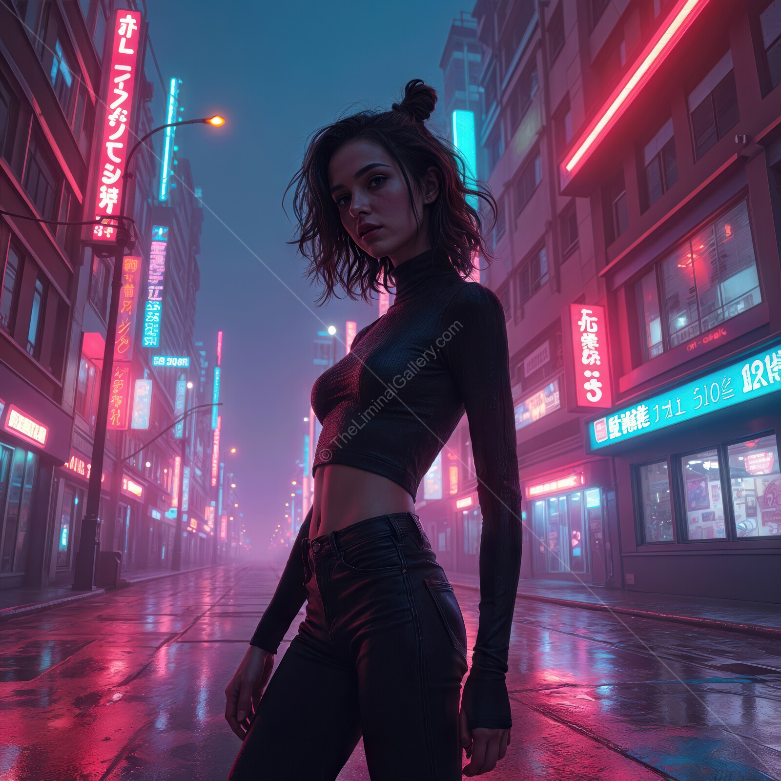 Young woman poses confidently in urban neon setting during a foggy night