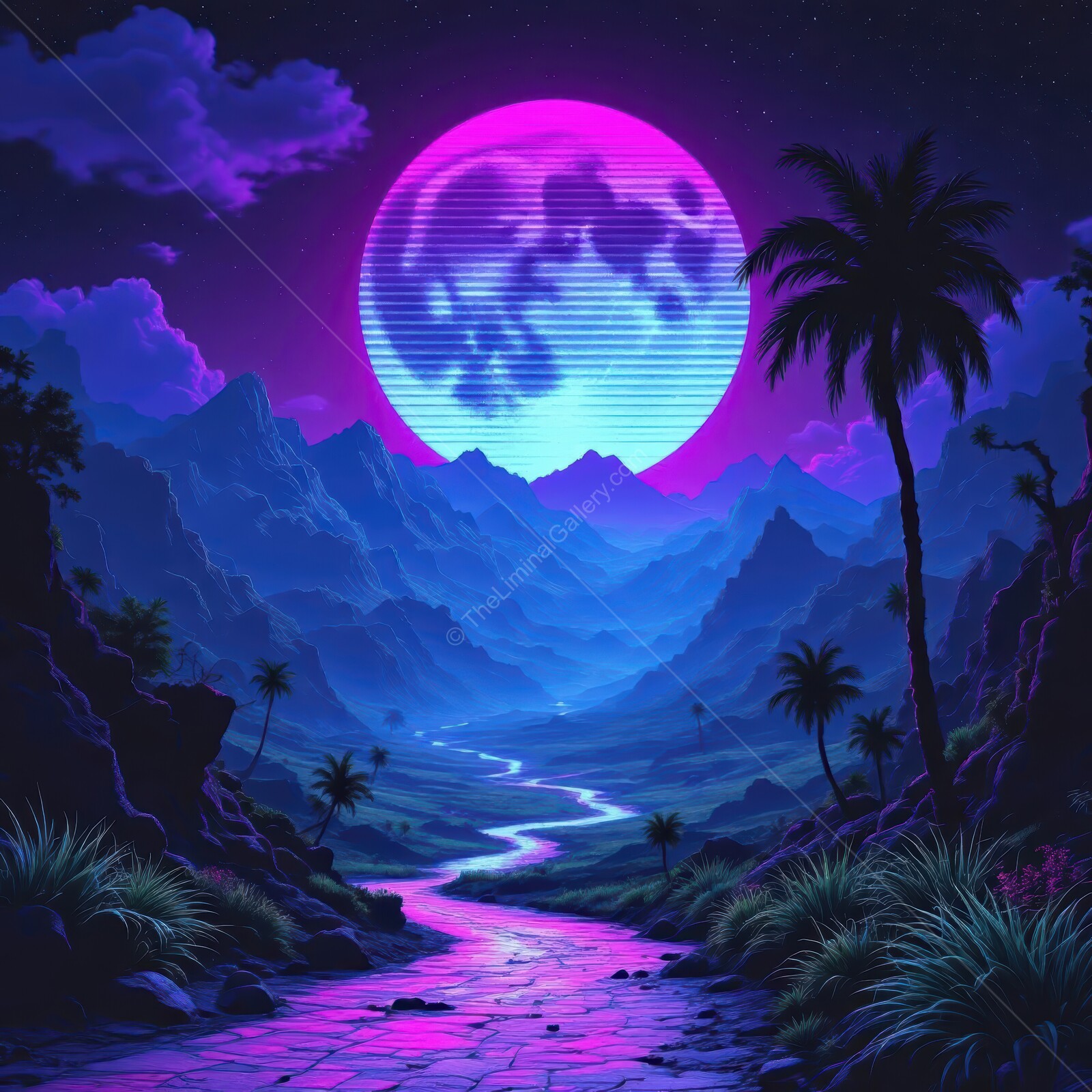 Starlit valley illuminated by a massive neon moon in a mystical landscape