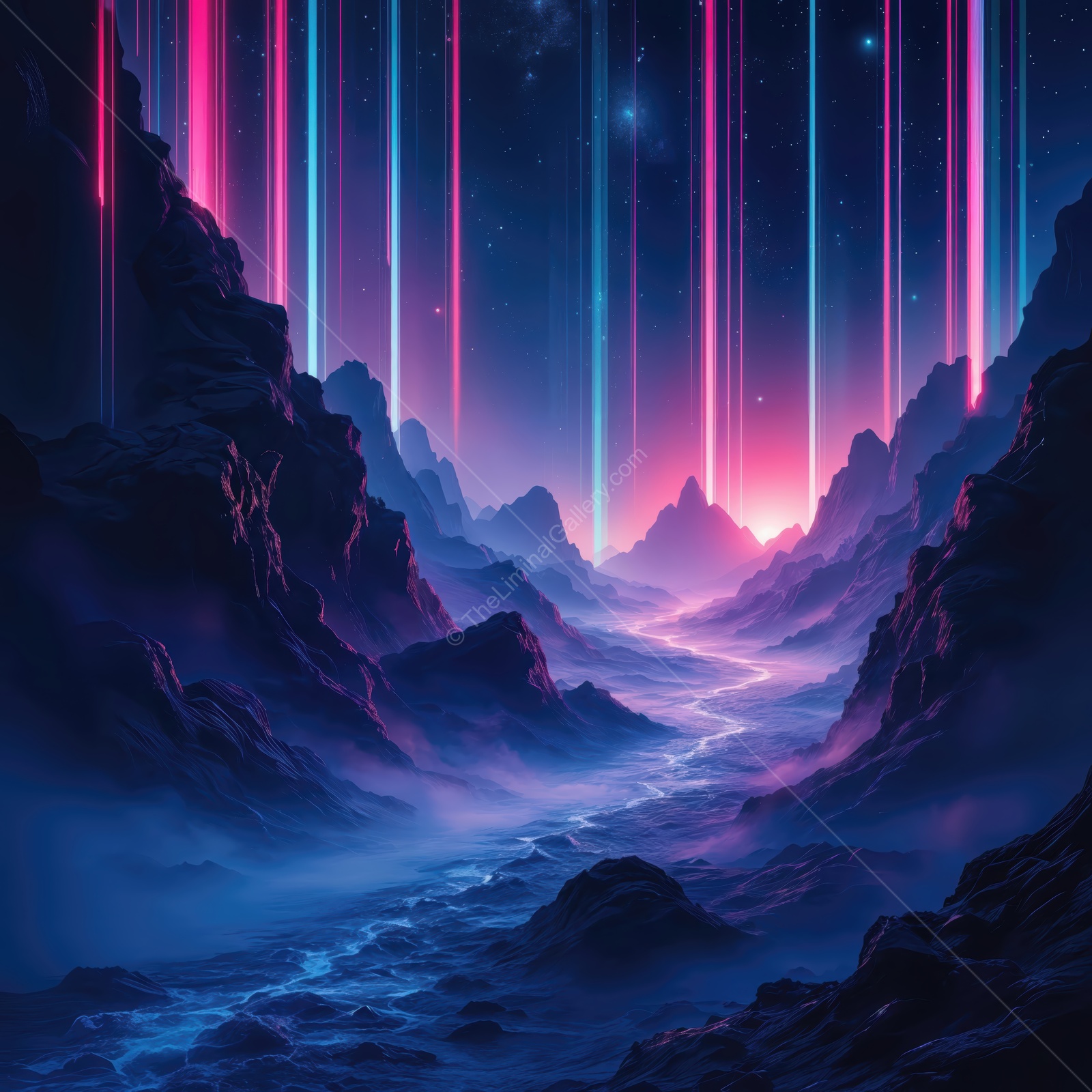 Vivid neon lights illuminate a surreal valley under a starry sky at twilight