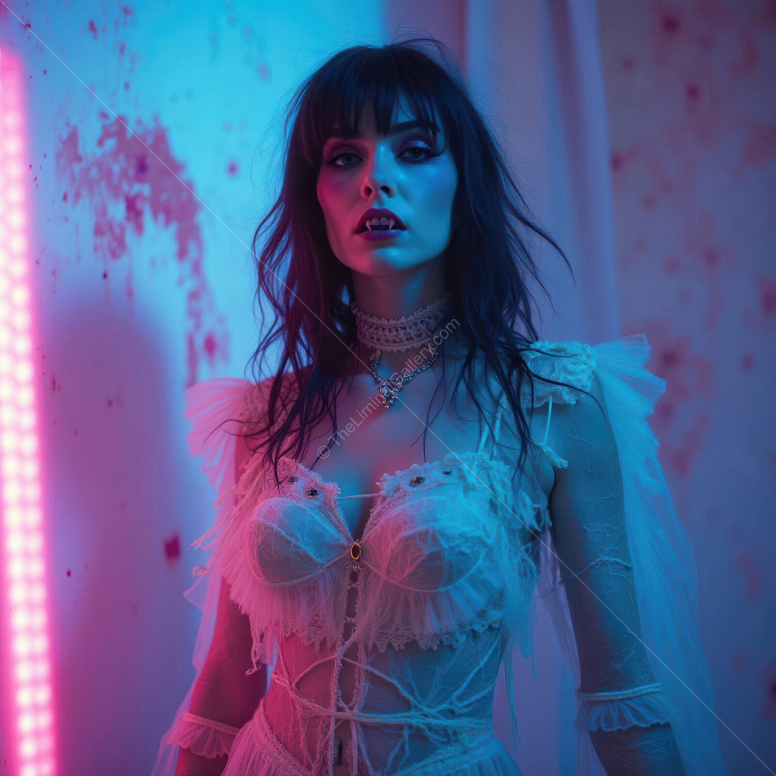 Dramatic portrait of a vampire in ethereal attire illuminated by neon lights in a moody setting