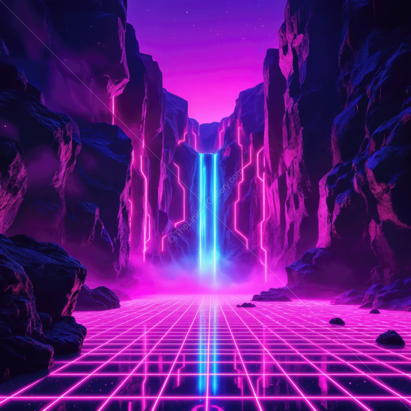 Vibrant neon waterfall cascades into a glowing grid, creating a surreal landscape at twilight