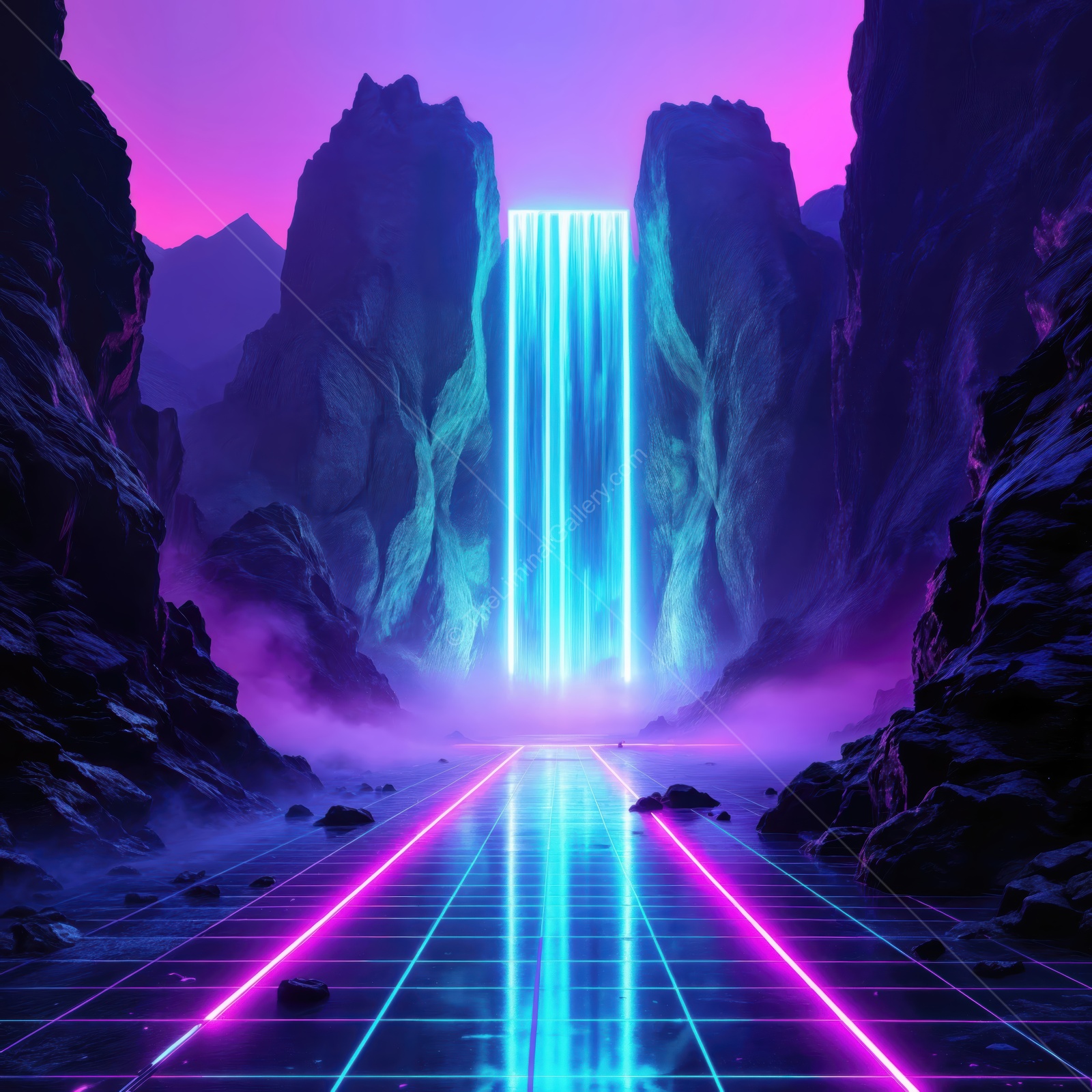 Vivid waterfall cascades in neon light over a glowing landscape at dusk in a futuristic realm