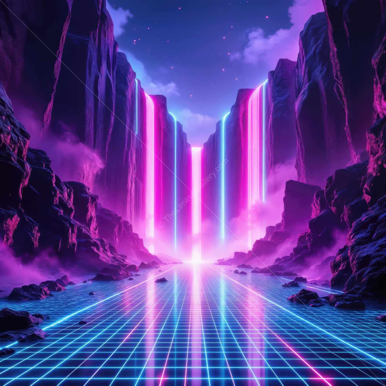 Vibrant neon waterfall cascading down rocky cliffs in an otherworldly landscape at twilight