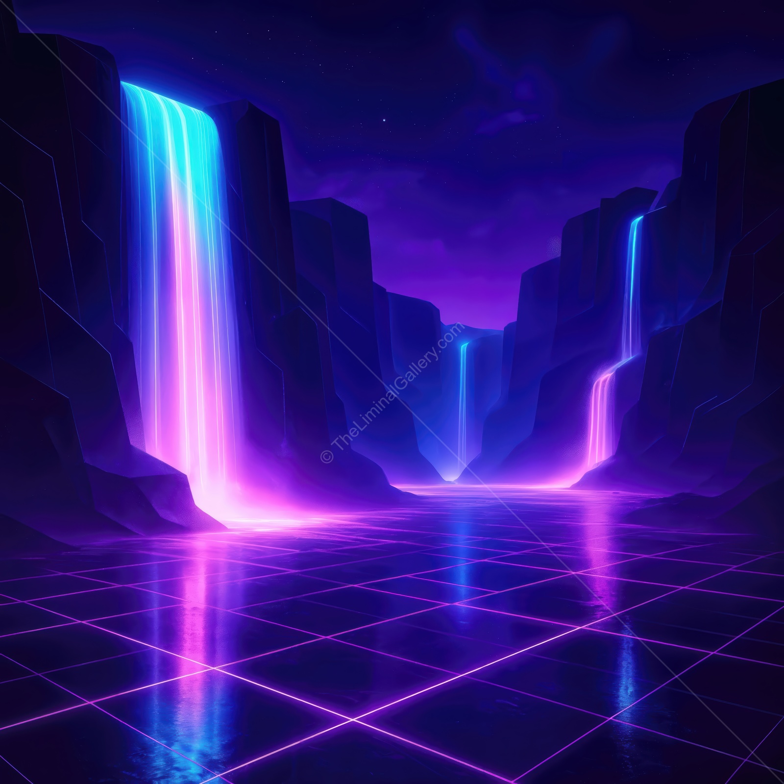 Vibrant neon waterfalls cascade into a serene digital landscape under a starry night sky