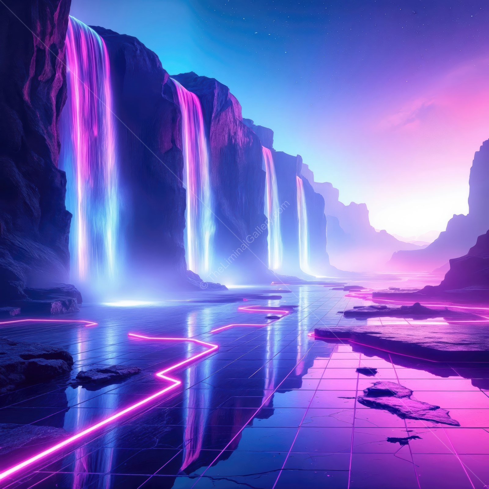 Flowing neon waterfalls cascade through a futuristic canyon at twilight, with vibrant colors reflecting on tranquil waters