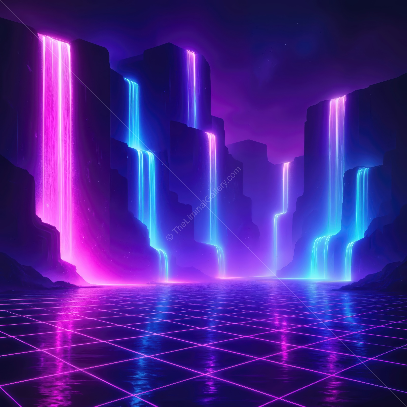 Waterfalls of neon light flow from glowing cliffs into a shimmering lake at twilight