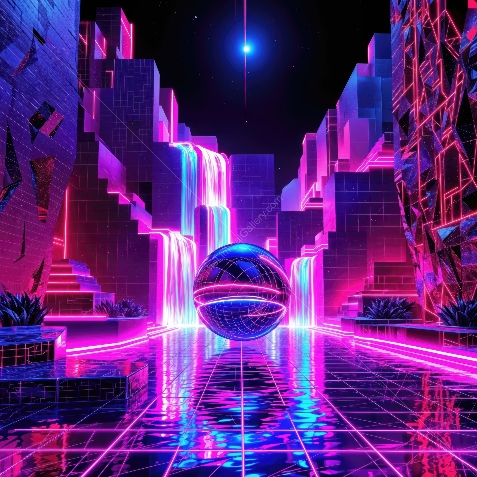 Vibrant neon landscape with waterfalls and a reflective sphere in a futuristic city at night