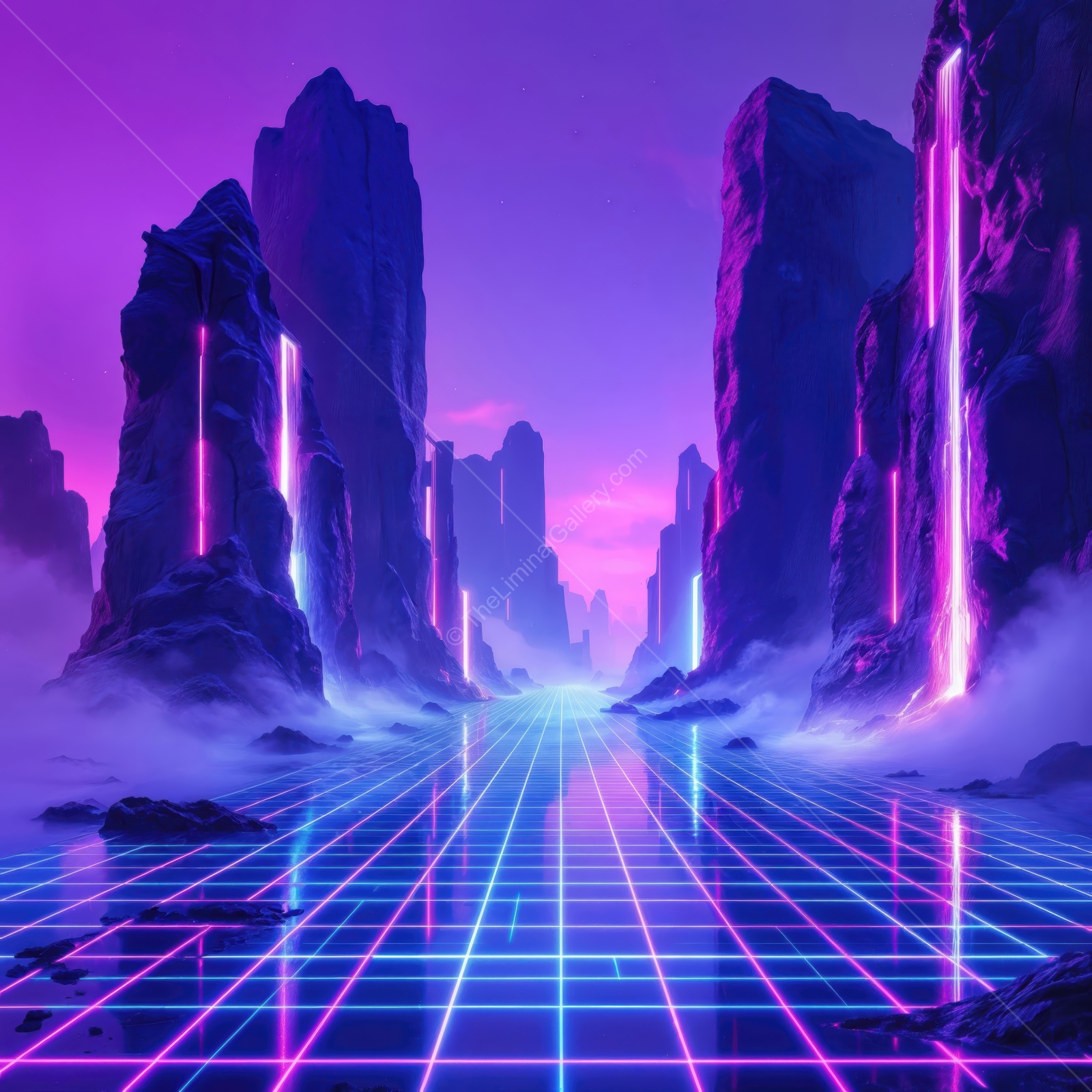 Vibrant neon landscape illuminated by futuristic waterfalls and glowing mist beneath a twilight sky